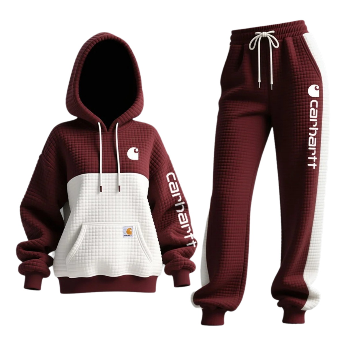 Quilted Hoodie and Jogger Set for Winter Outdoors- Red wine