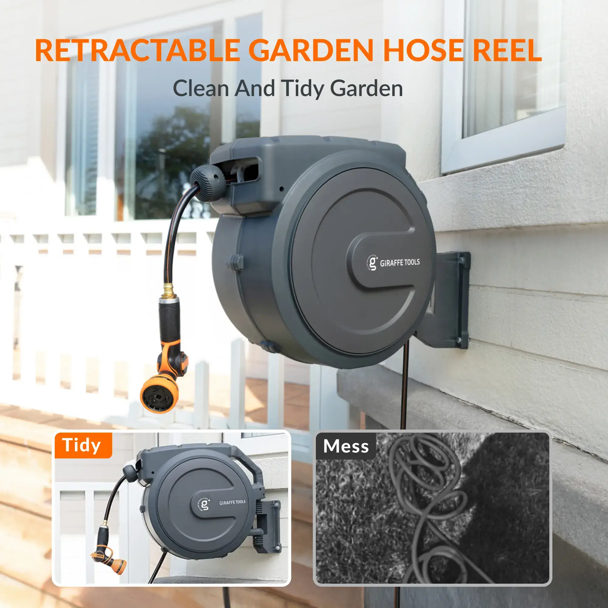 Giraffe Tools Tangle-Free Kink-Free Retractable Hose Reel 90ft-130ft AW Series Outdoor with DS Trigger Mechanism & G-Self-Layering System Adjustable Nozzle