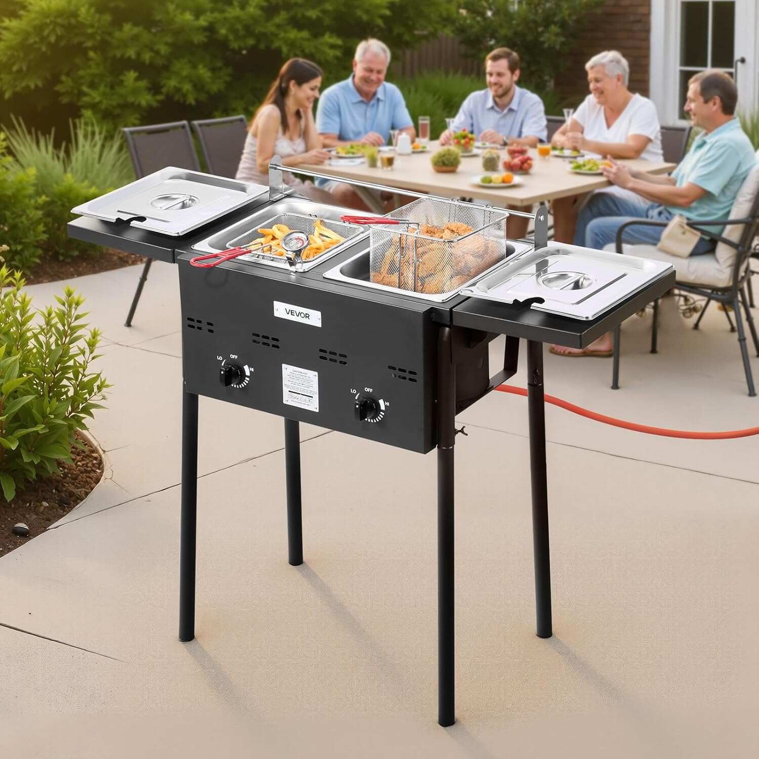 VEVOR Outdoor Propane Deep Fryer, Dual-Tank 8QTx2 Commercial Fryer, Stainless Steel Cooker with Foldable Platform, Dual Basket, and Heat Adjustment, Floor Standing Fryers for Restaurant Home Snack Bar