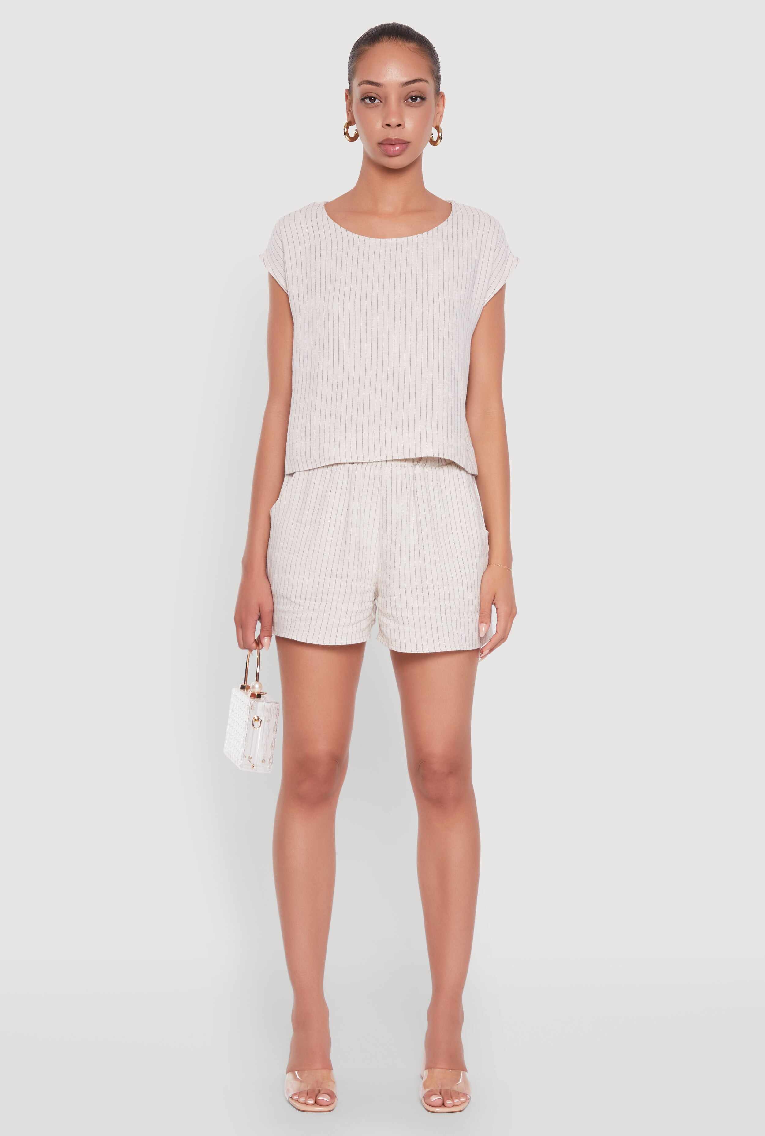 Linen Pinstripe Scoop Neck Cap Sleeve Top