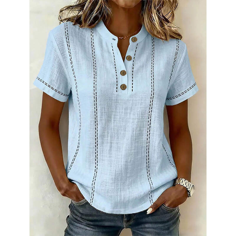 Casual Short-Sleeve Striped Stand Collar Panel Shirt