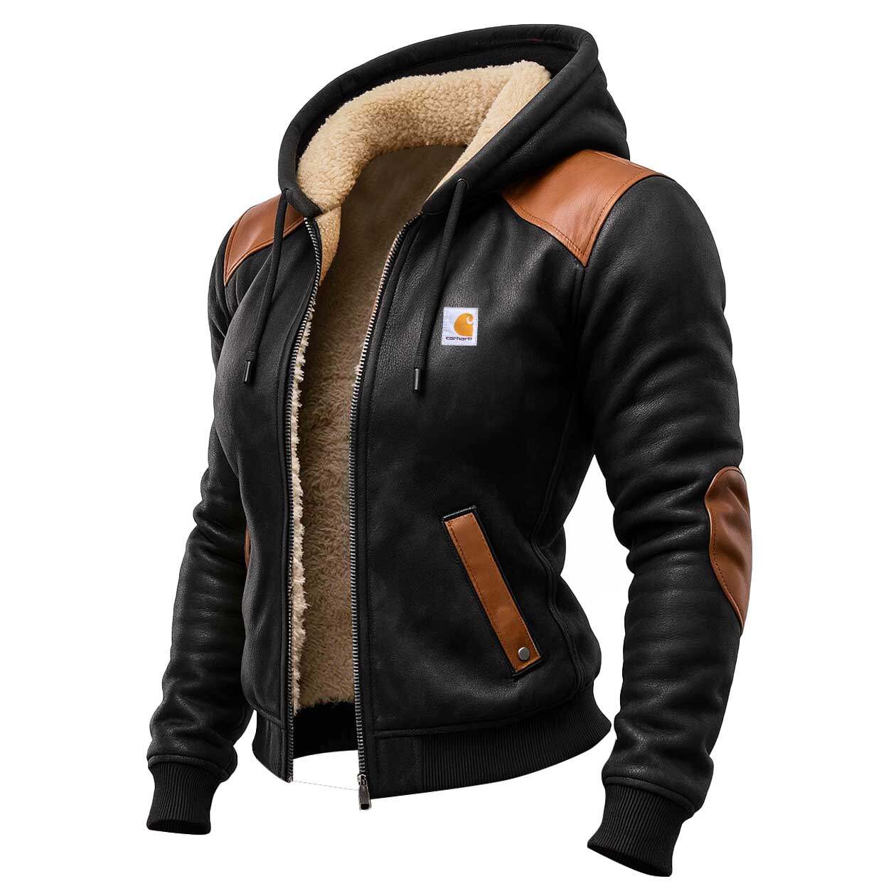 Women's Vintage Warm Winter Leather Hooded Jacket With Sherpa Lining
