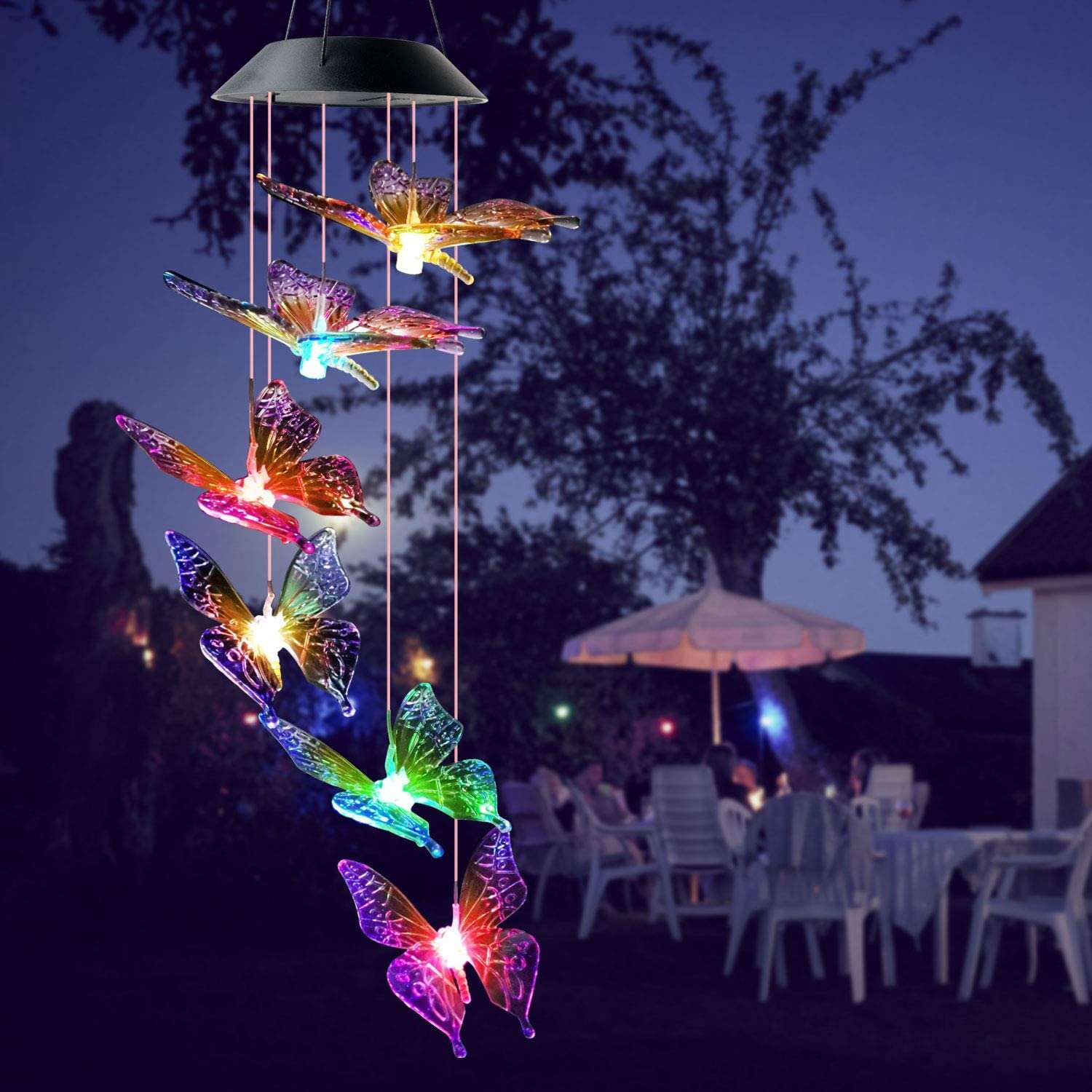 Colorful Butterfly Solar Wind Chimes Outdoor Color Changing Mobile Solar Hanging Light