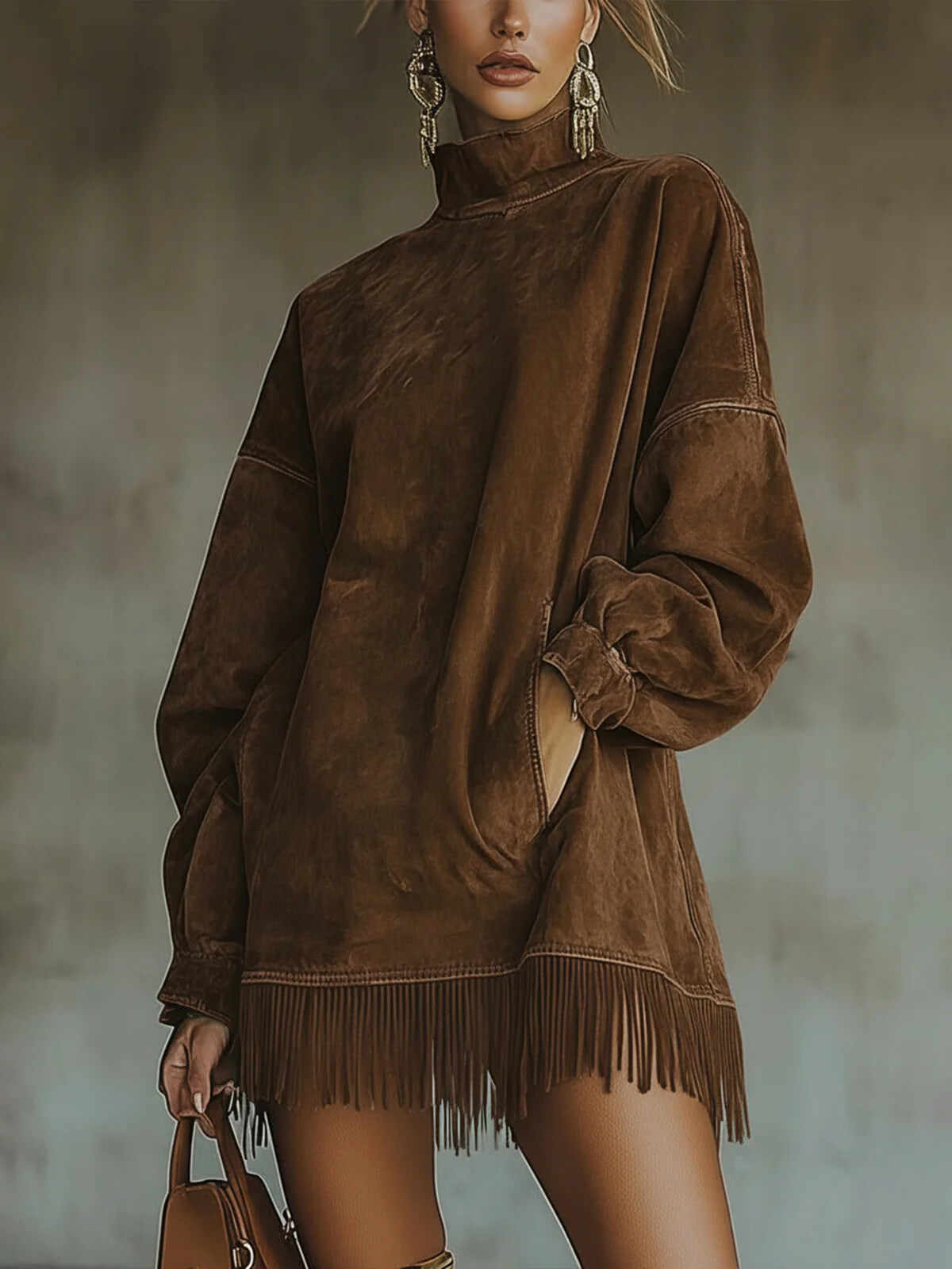 Faux Suede Turtleneck Dress With Fringe Hem