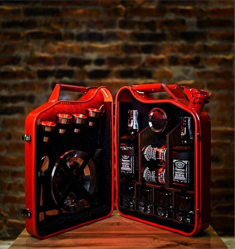 20 L Red Jerry Can Bar Set For Picnic For 4, Custom Fuel Bar, Portable Travel Bar Case, Personalized Camping Mini Bar, Gas Can Bar Set