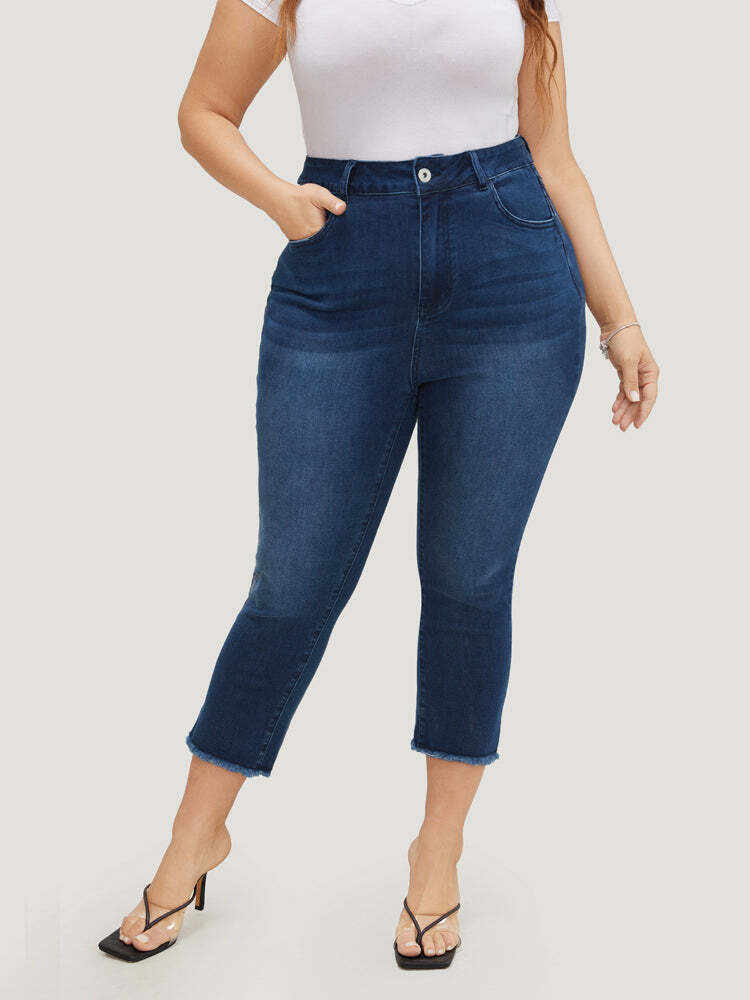 Very Stretchy High Rise Dark Wash Raw Hem Cropped Jeans