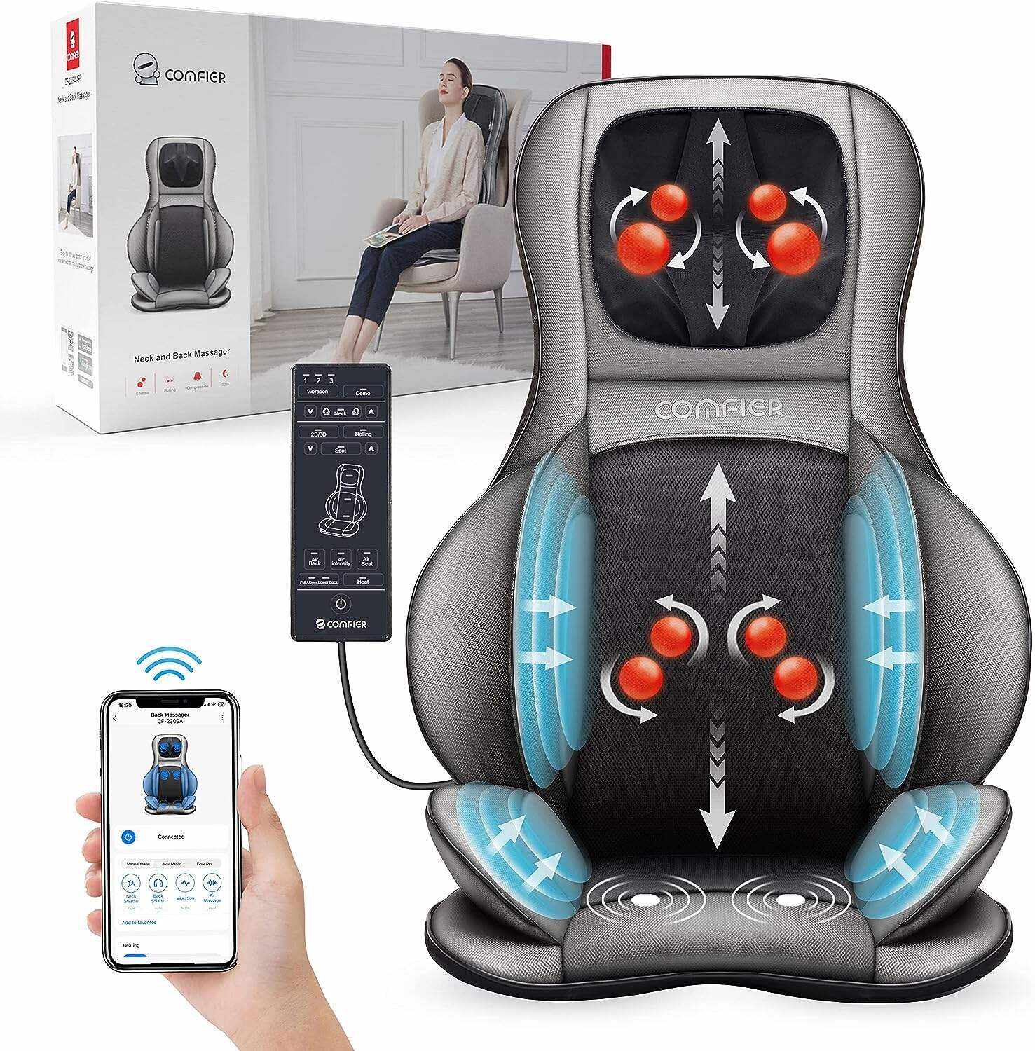 COMFIER Shiatsu Neck Back Massager with Heat and Compression, App Control 2D or 3D Deep Tissue Kneading Massage Chair Pad, Chair Massager for Full Body Pain Relief, Ideal Gifts,Grey