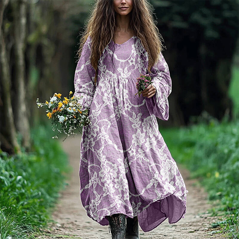 Vintage Floral Lace Linen Blend Flowy Maxi Dress