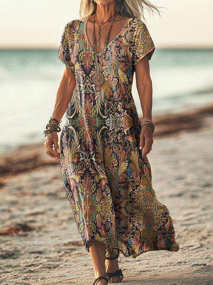 Women's Retro Ethnic Totem Art Pattern Print Pocket Cotton Dress