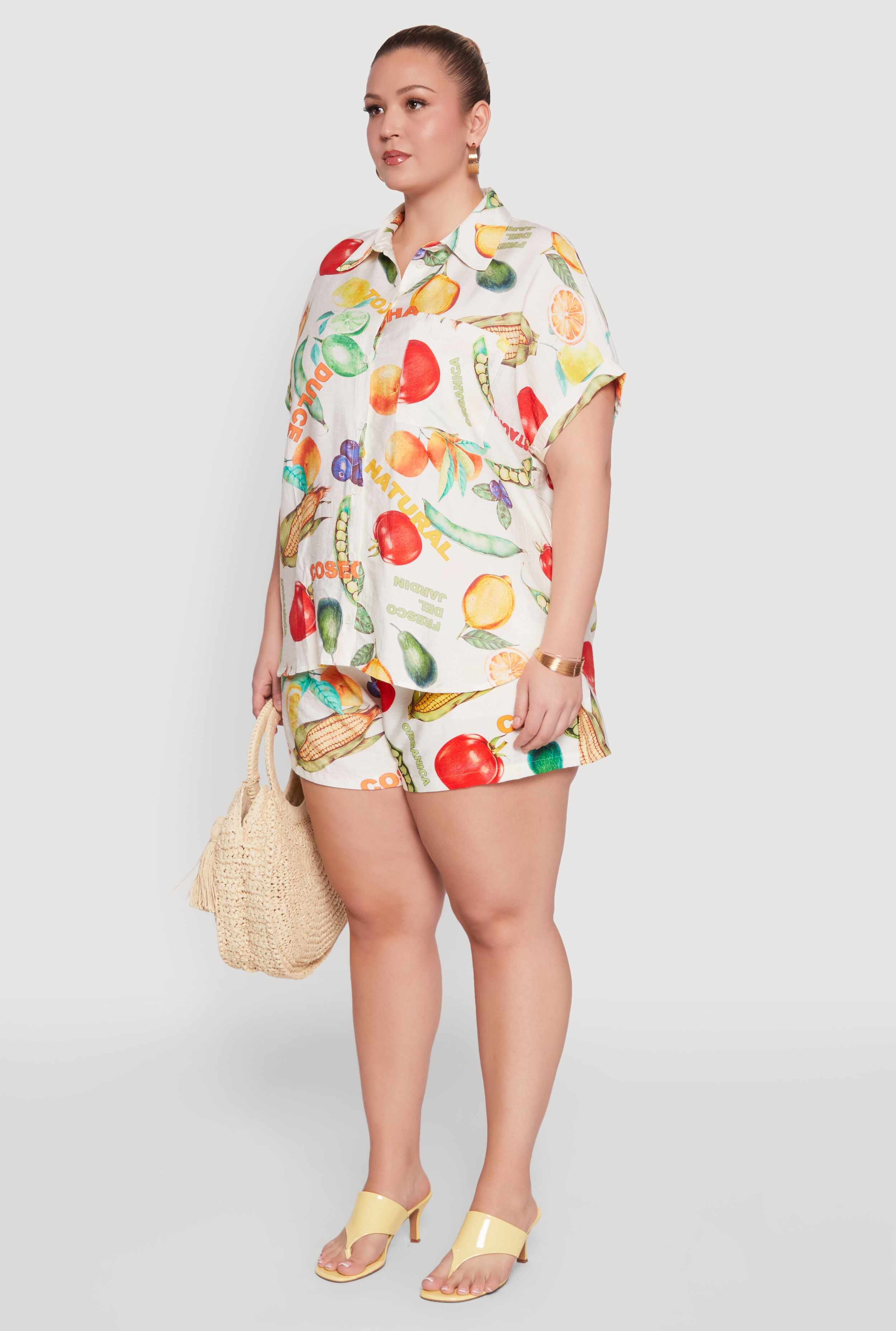 Plus Size Fruit Print Button Front Short Sleeve Shirt