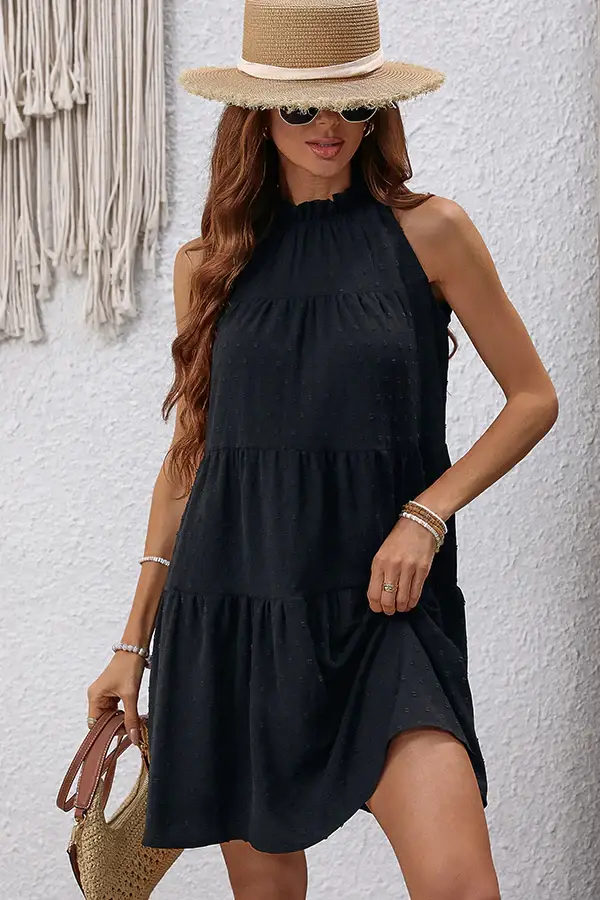 Fashion Solid Black Frill Ruffle Dress