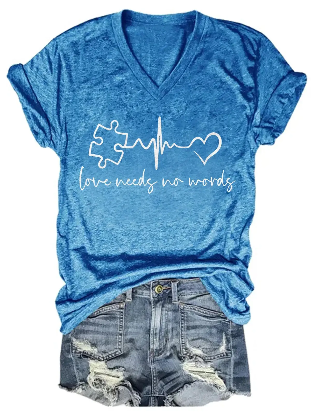 Autism Awareness Love Needs No Word Casual Print T-shirt