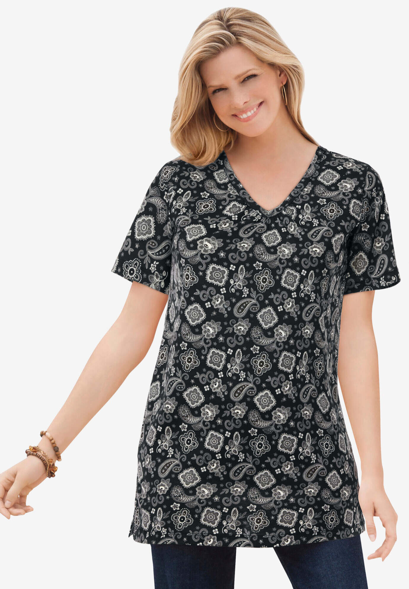 Perfect Printed Short-Sleeve Shirred V-Neck Tunic