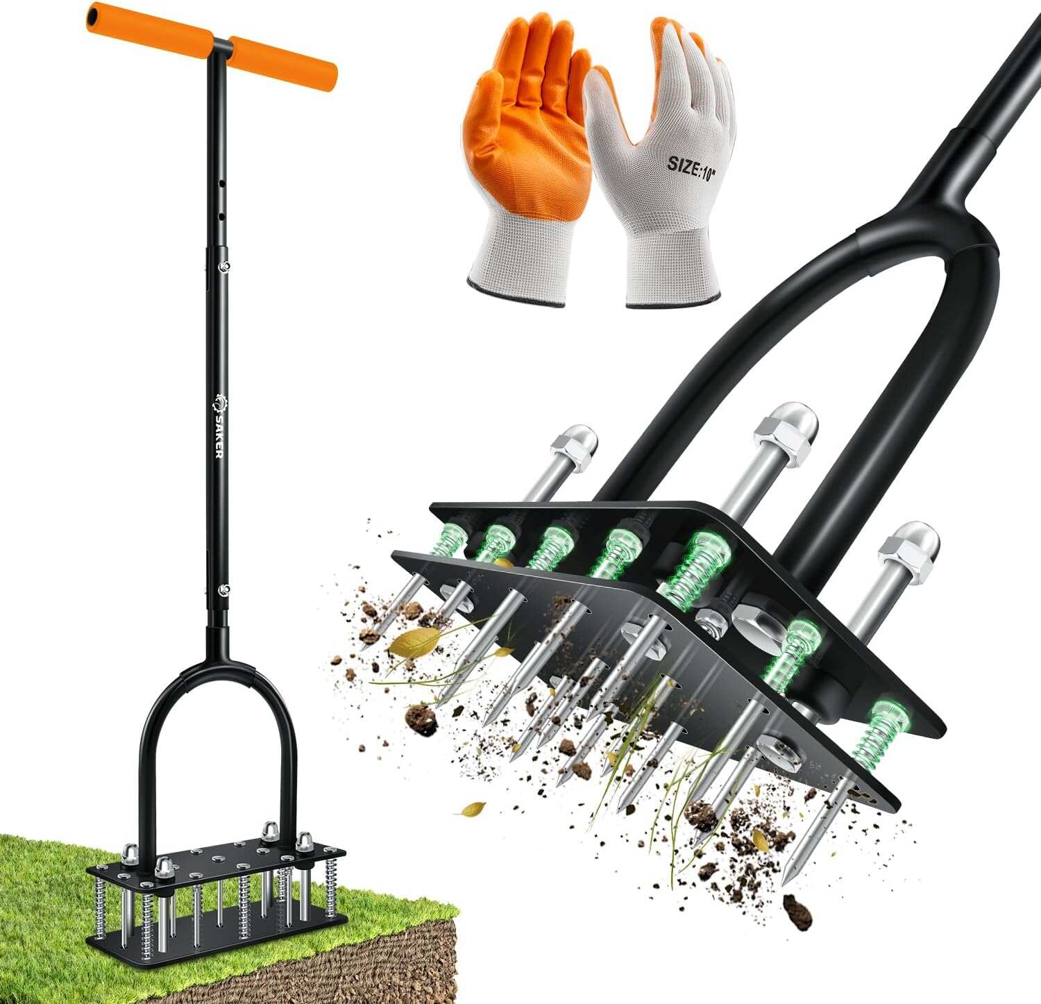 Saker Lawn Aerator Tool, 2026 Upgraded Manual Lawn Aerator with 15-Spike Heavy-Duty Yard Aeration Tool with Spring-Loaded Design, for Loosening Soil Aerating Patio, Yard, Garden Dark Black