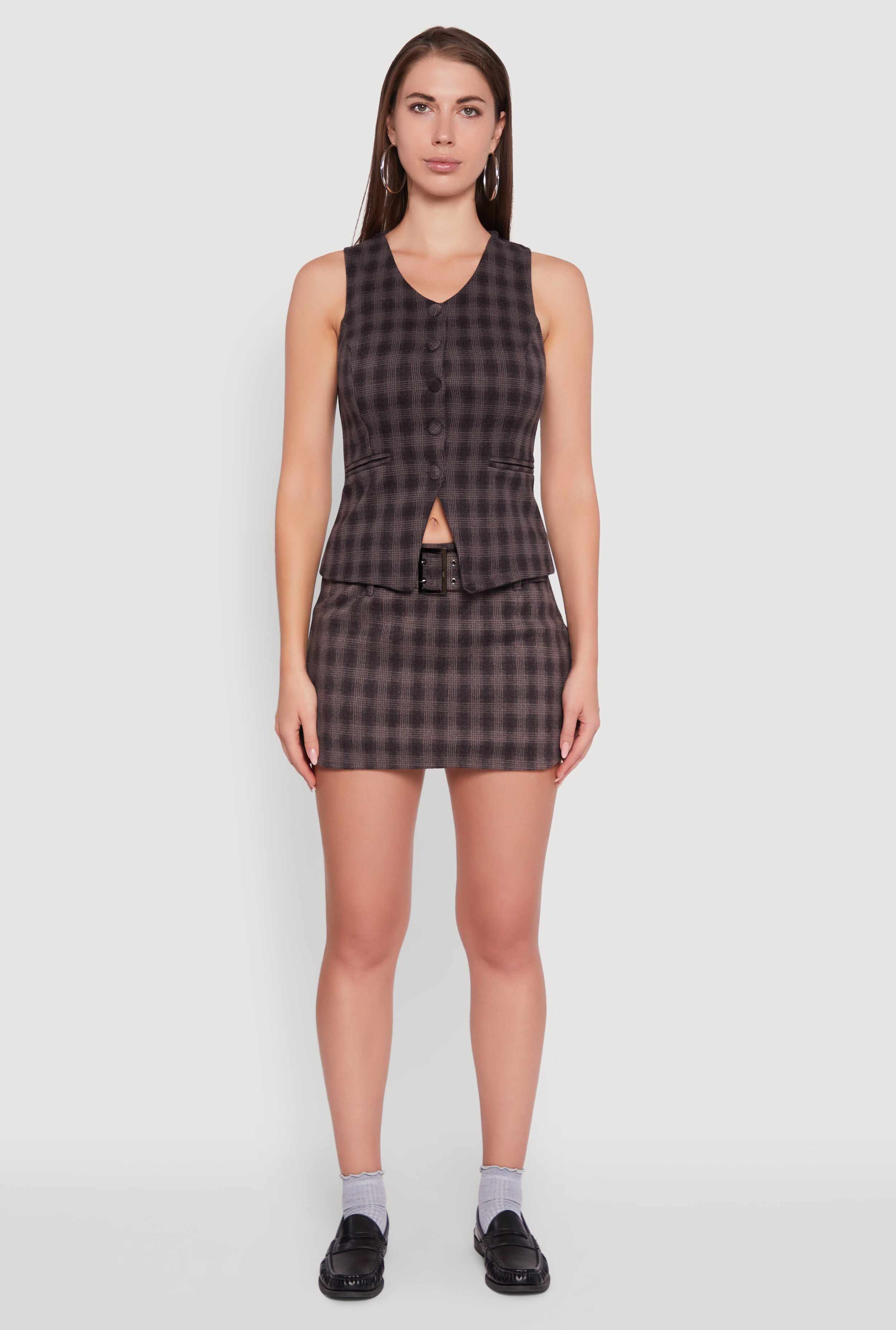 Fleece Plaid Button Front V-Neck Vest