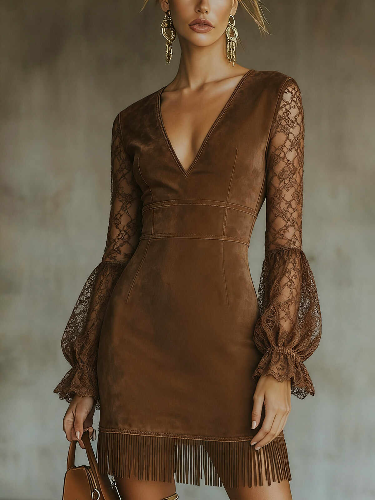Brown Faux Suede Mini Dress With Lace Sleeves And Fringed Hem