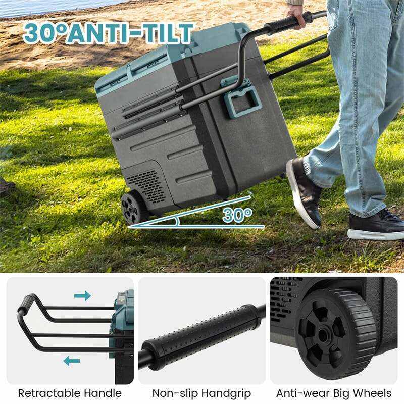 61 Quart Portable Car Refrigerator with Wheels 12/24V DC & 110-240V AC Dual-zone Electric Car Cooler Fridge for RV Camping Travel Home