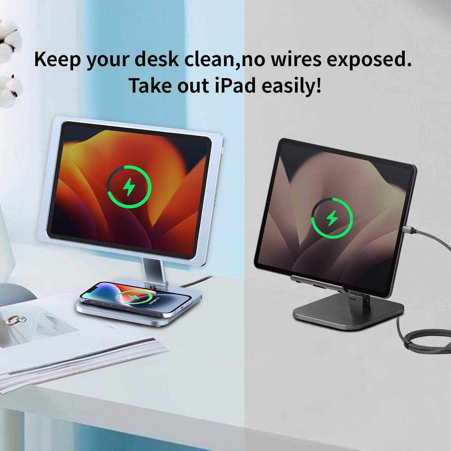 EMONITA Magnetic Stand with Charging Case for 10.2 Inch 7th / 8th / 9th Gen (2021/2020/2019). 18W USB C Fast Charging Cable Included, Foldable L Shape, Strong Magnets, 360 Rotation, 180 Tilt