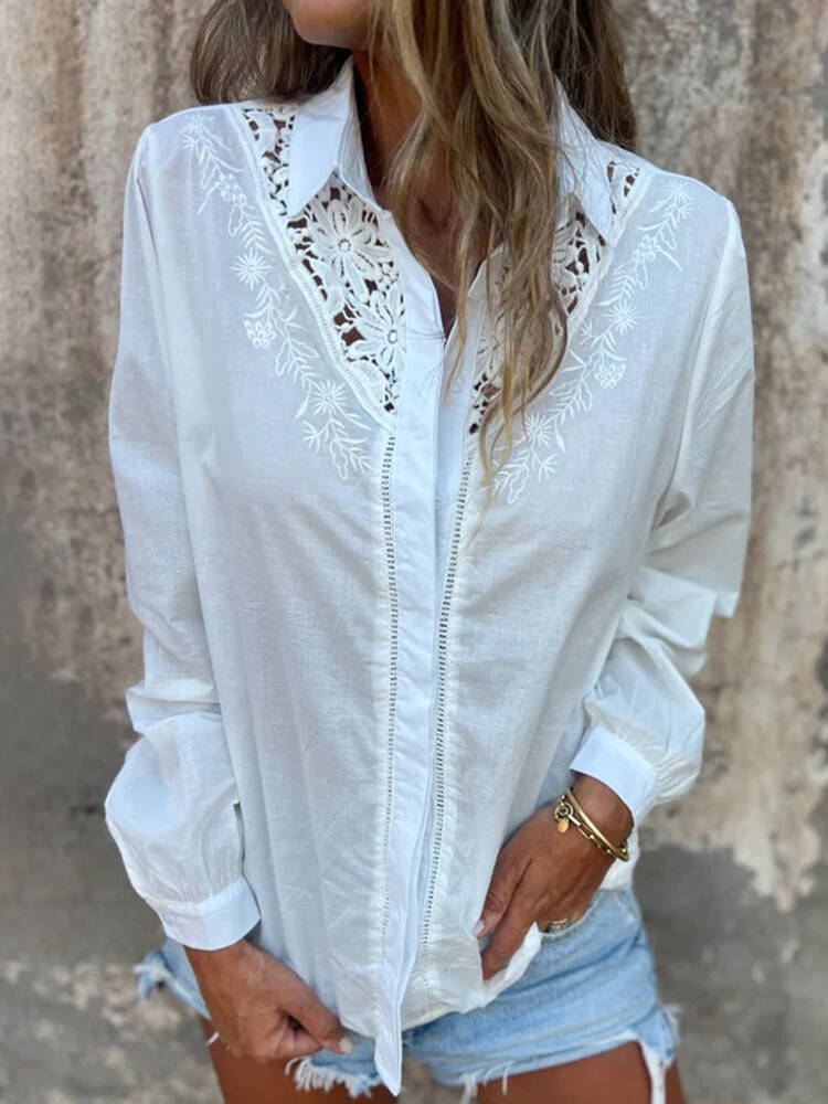 Vintage Floral Lace Art Linen Blend Long-sleeved Shirt