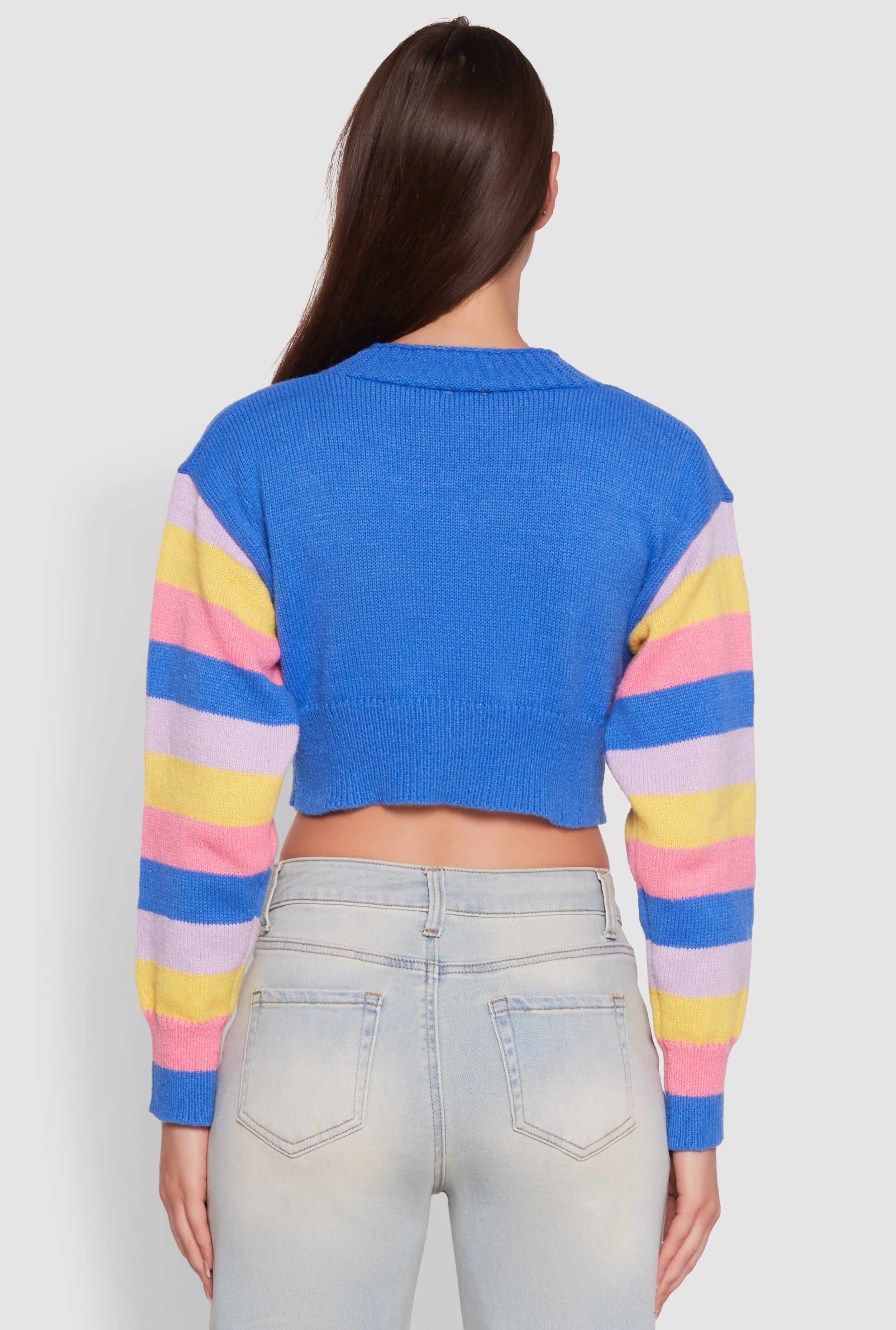 Daisy Color Blocked Striped Sleeve Cropped Cardigan
