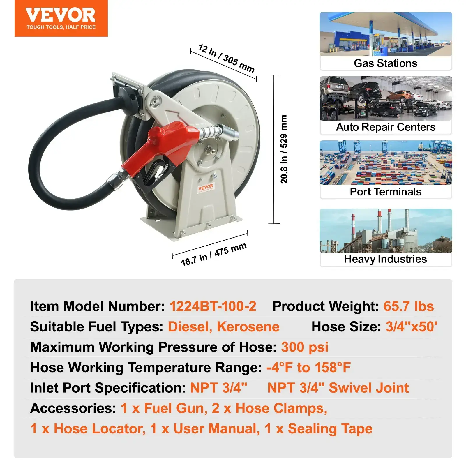 Fuel Hose Reel,Extra Long Retractable Diesel Hose Reel, Heavy-Duty Carbon Steel Construction with Automatic Fuel Nozzle, NBR Rubber Hose for Aircraft Ship Vehicle Tank Truck, 300PSI