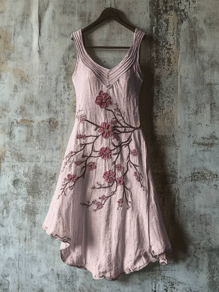 Vintage Celtic Knot With Cherry Blossoms Pattern Linen Tank Dress