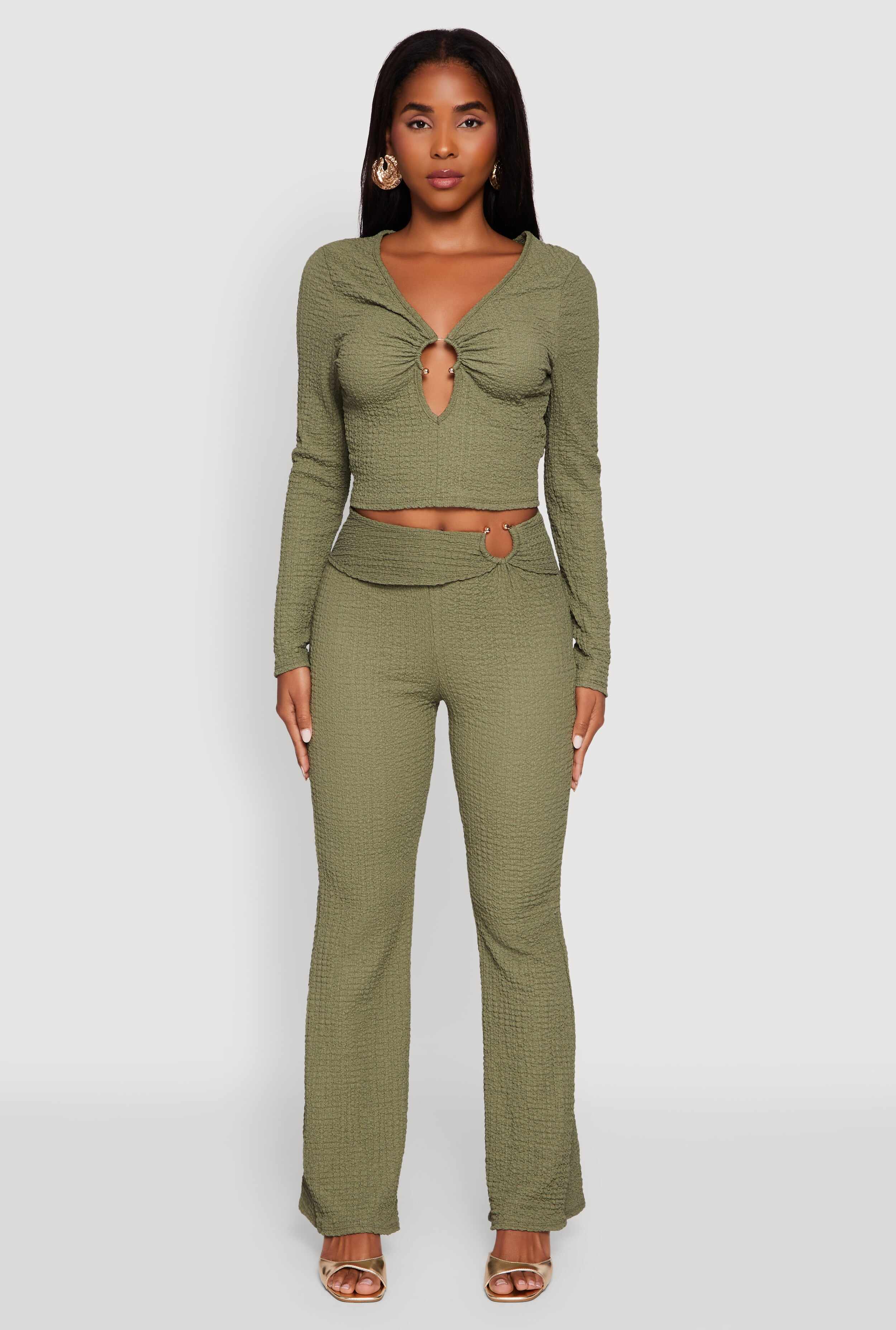O Ring Cut Out Textured Knit Cropped Blouse