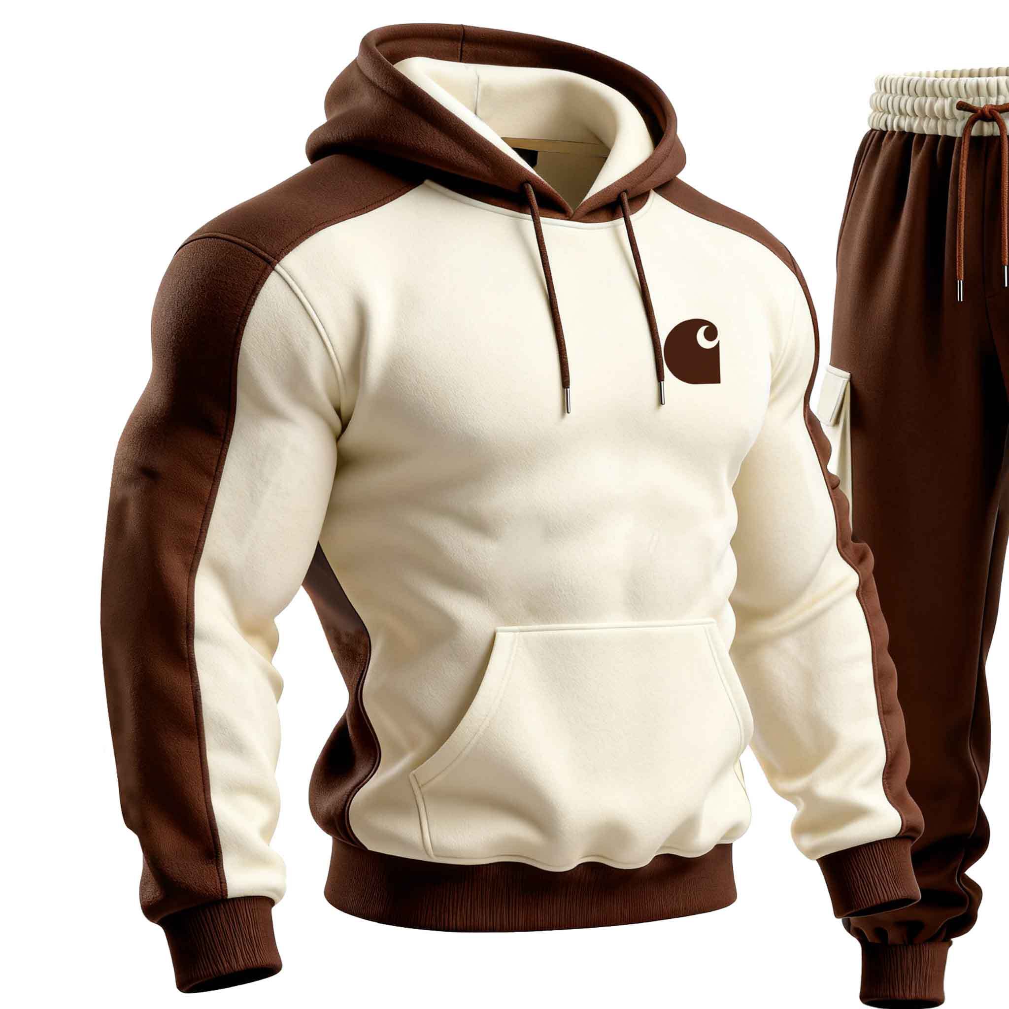 Men's Vintage Brown And Beige Color Block Pocket Hoodie And Sweatpants Jogger Set
