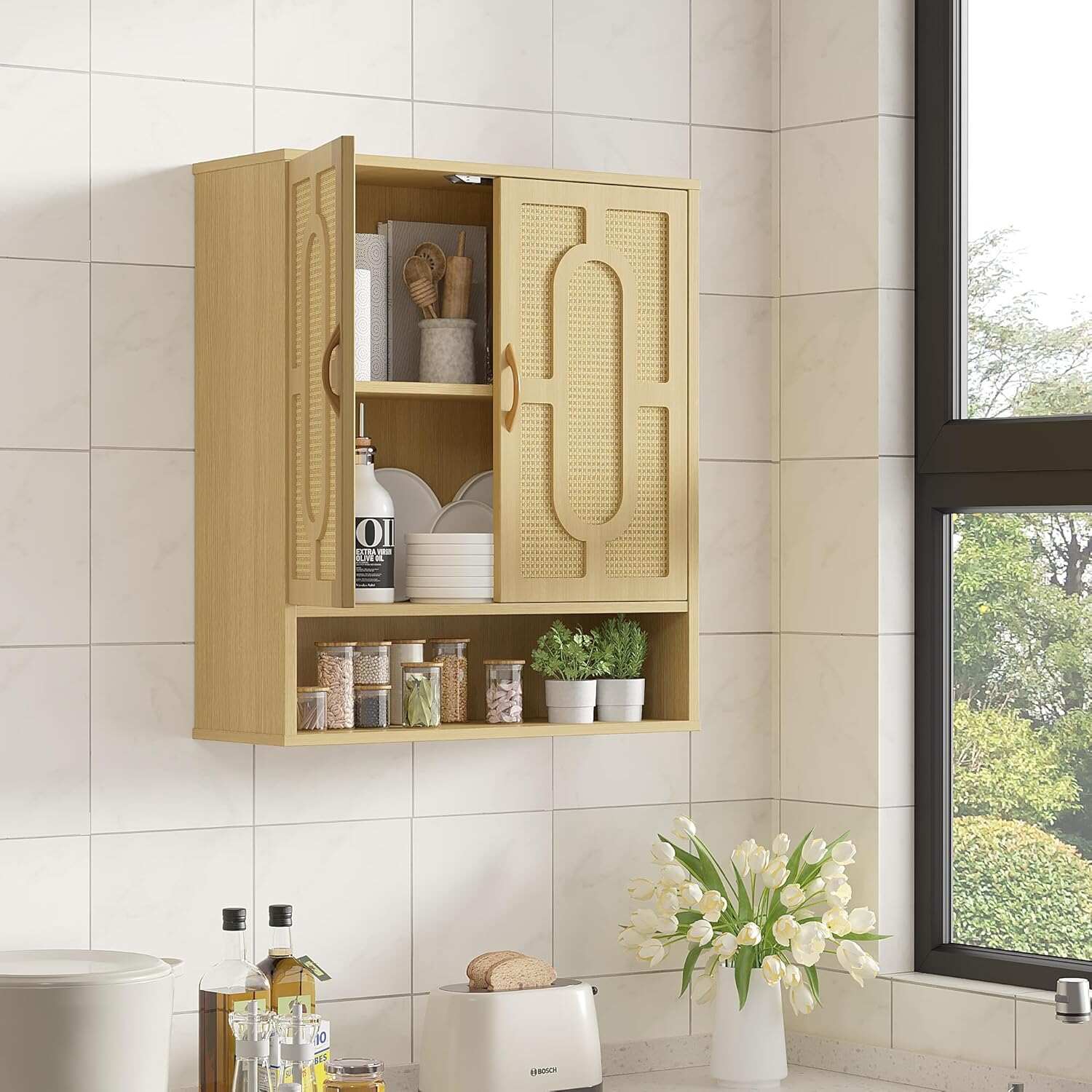 VECELO Rattan Bathroom Wall Cabinet