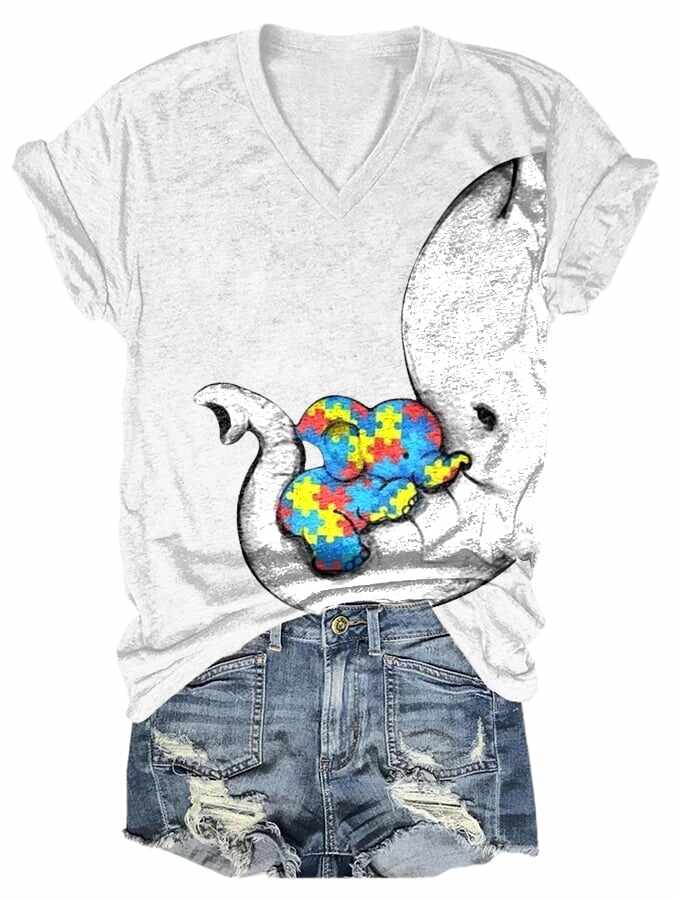 Women'S Autism Elephant And Baby Elephant Print T-Shirt