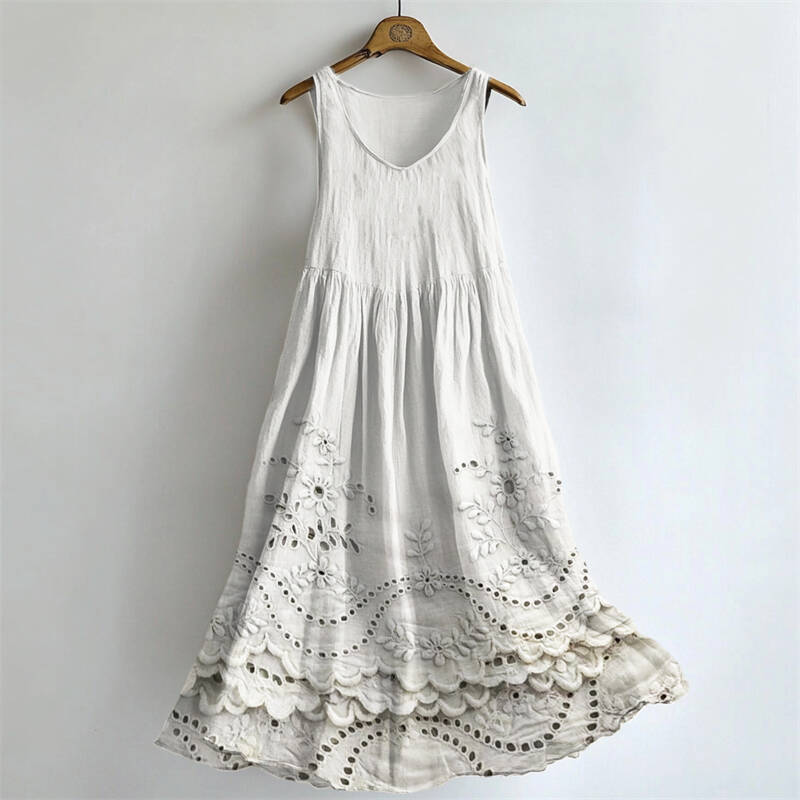 Cottage Floral Lace Embroidered Flowy Linen Tank Dress