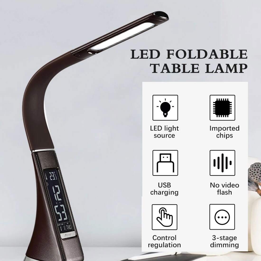 LED Desk Lamp With Calendar Temperature Alarm Clock 3 Modes Lighting Eye-Protected Reading Light Table Lamp For Student Office USB Charging LED Lamp