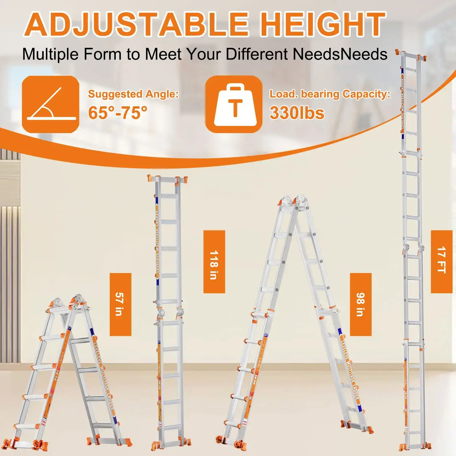 Multi-Position Extension Ladder, A-Frame Step Ladder with Stabilizer Bars, 330LBS Load Capacity, Foldable with Wheels for Home, Outdoor & Roof Work