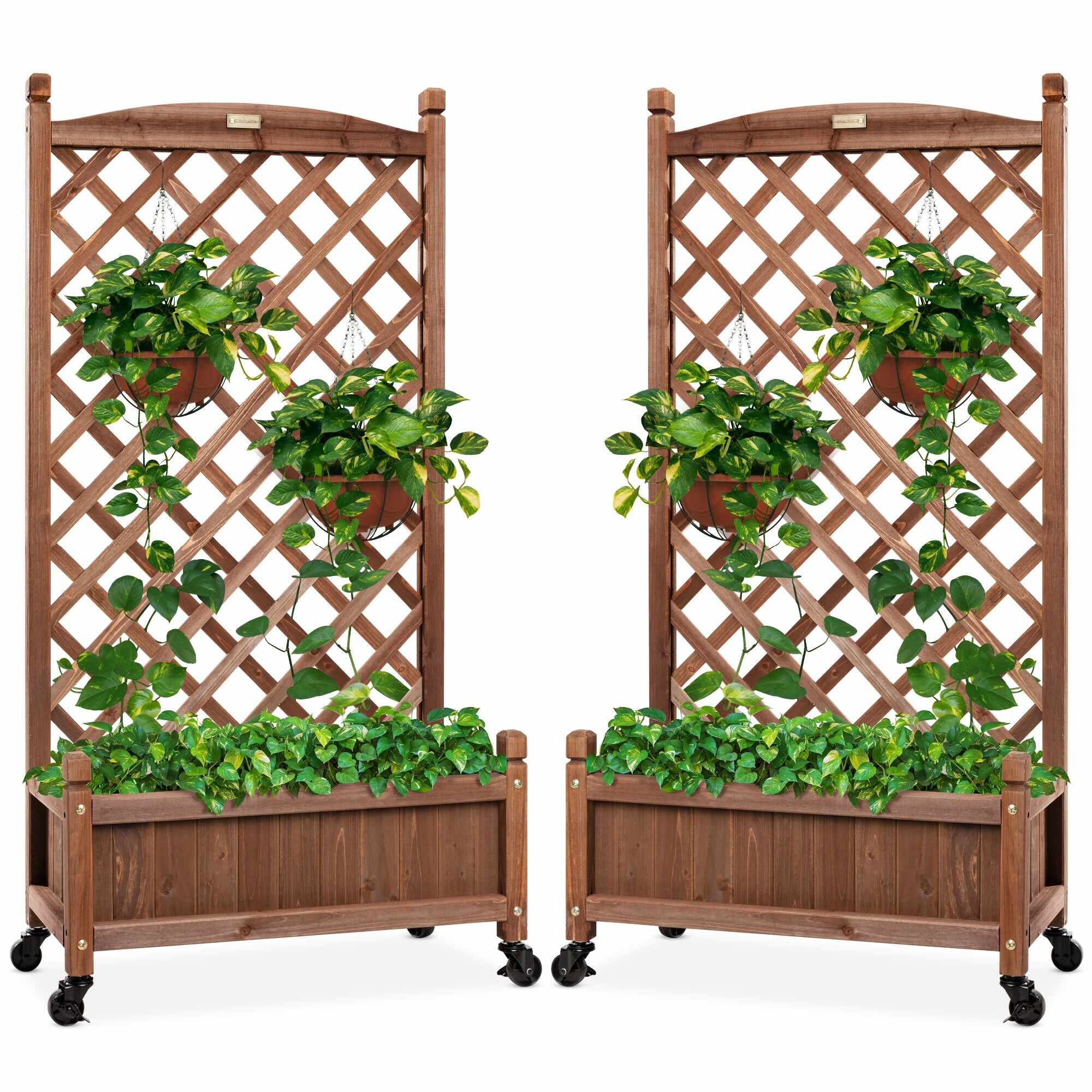 Set of 2 Wood Planter Box & Lattice Trellis w/ Optional Wheels - 48in