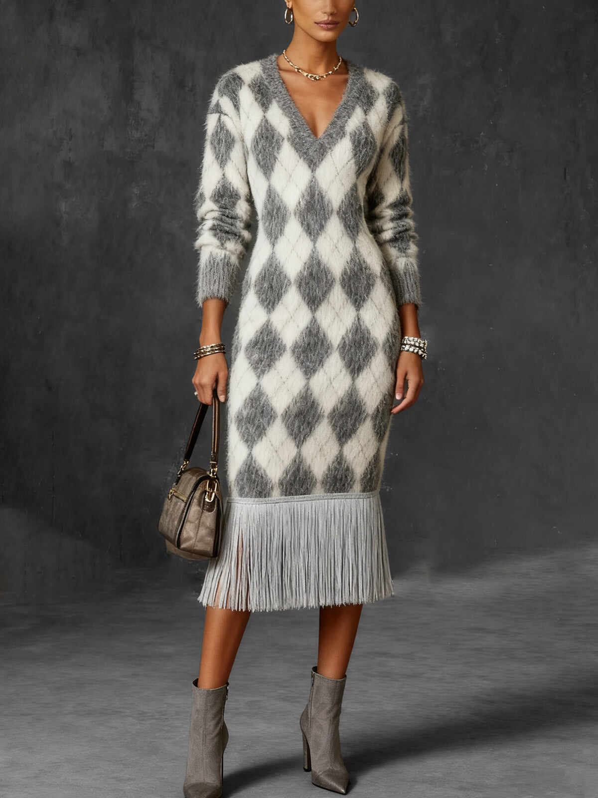Gray Argyle Knit V-Neck Dress With Fringe Hem