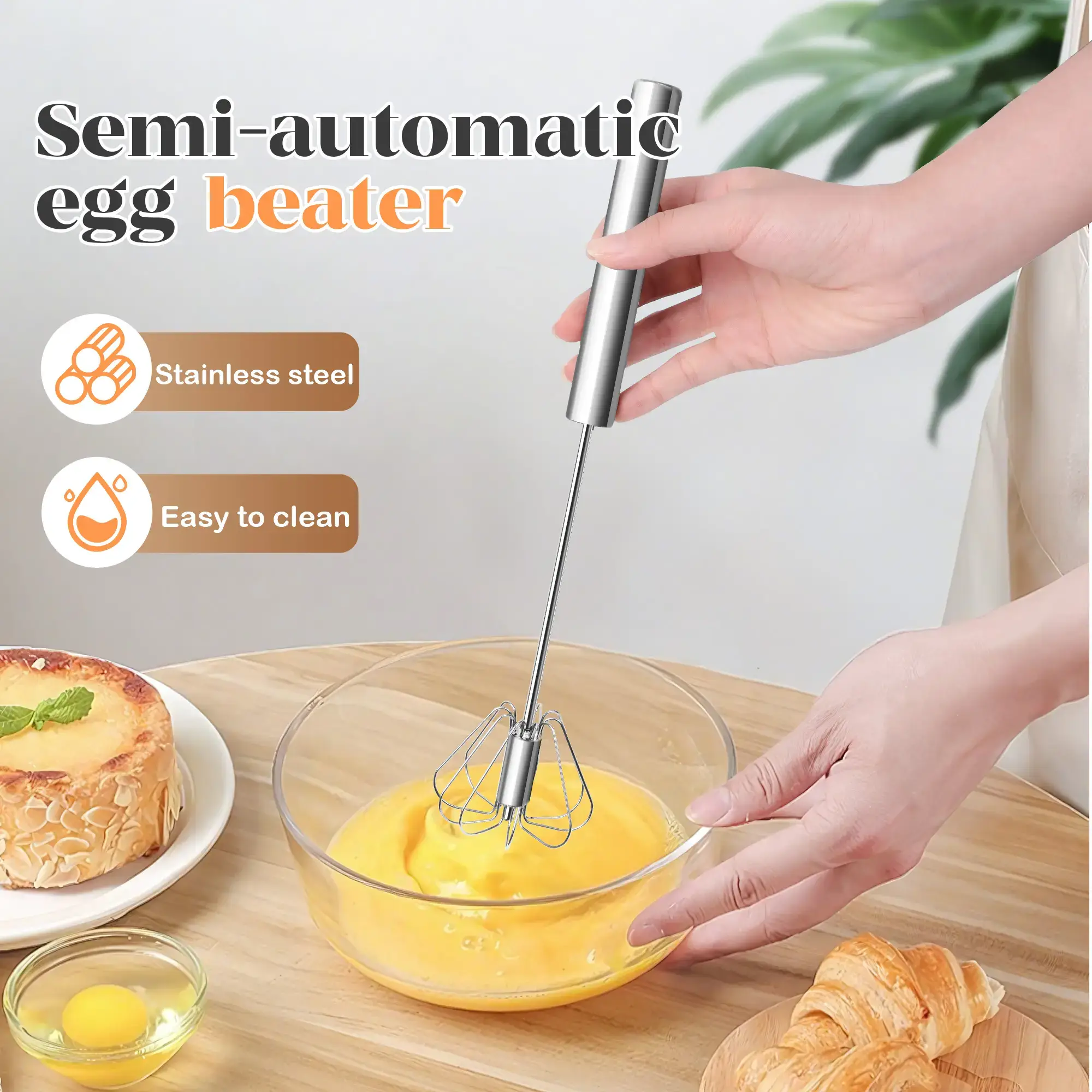 Stainless Steel Hand-Push Rotary Whisk - Versatile Kitchen Tool