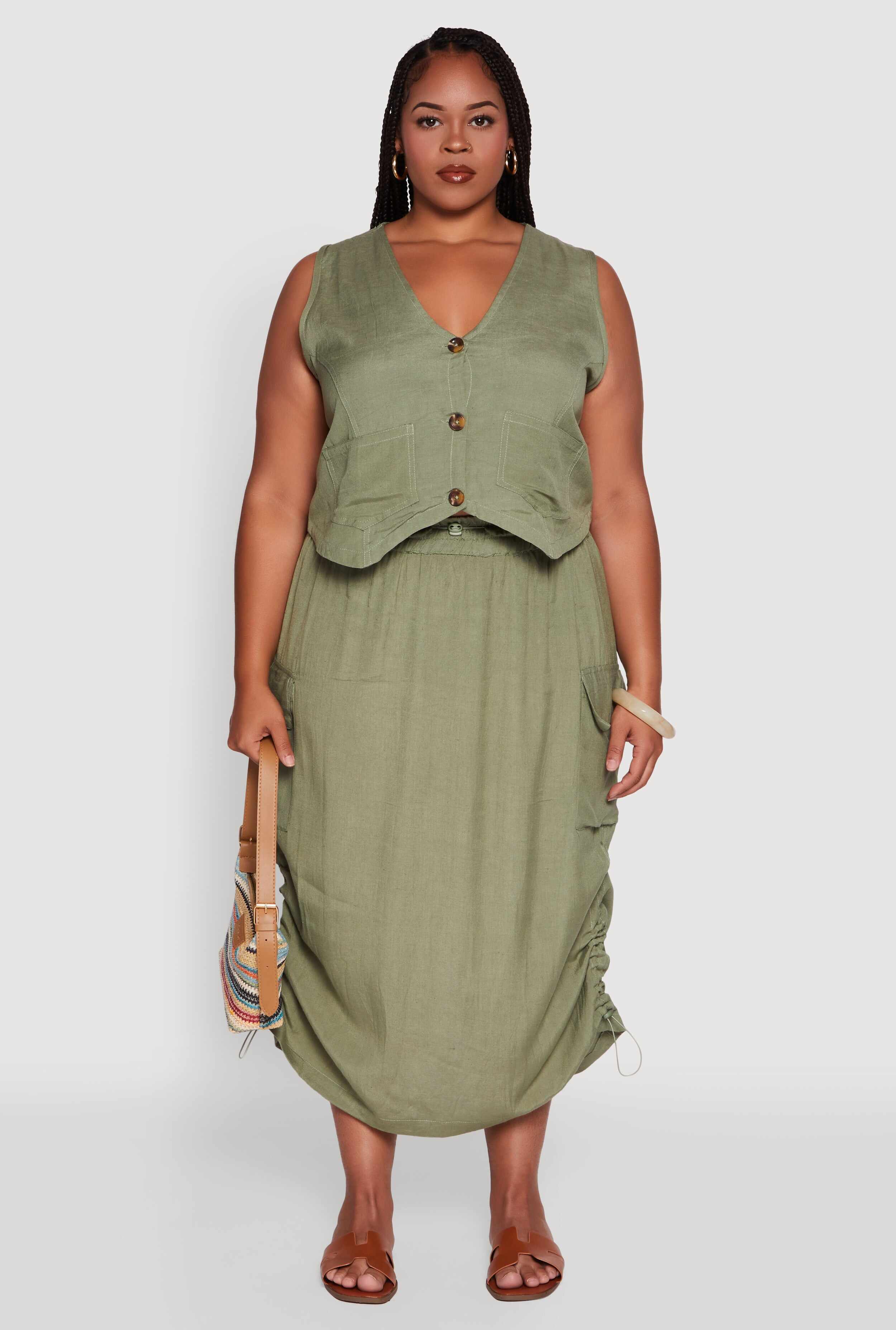 Plus Size Linen V-Neck Cropped Vest