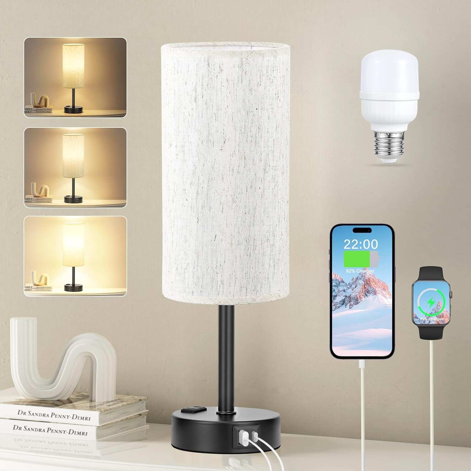 Bedside Table Lamp for Bedroom - 3 Way Dimmable Touch Lamp USB C Charging Ports and AC Outlet, Small Lamp Wood Base Round Flaxen Fabric Shade for Living Room, Desk, LED Bulb Included