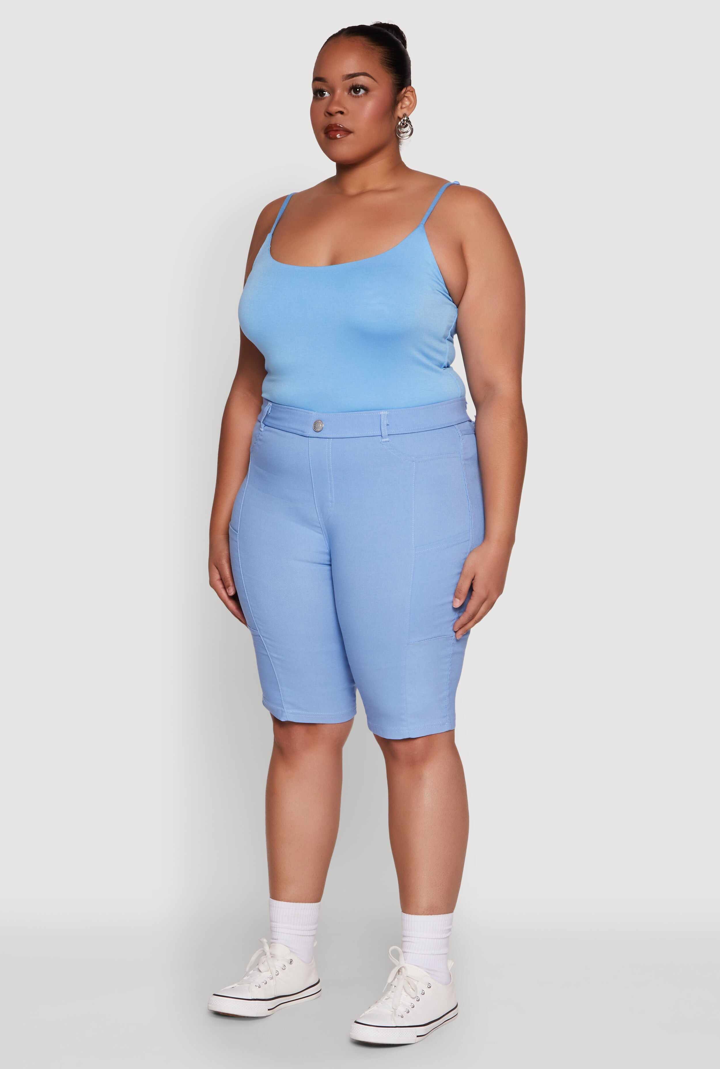 Plus Size Stylish Snatched High Waist Bermuda Shorts with Faux Buttons