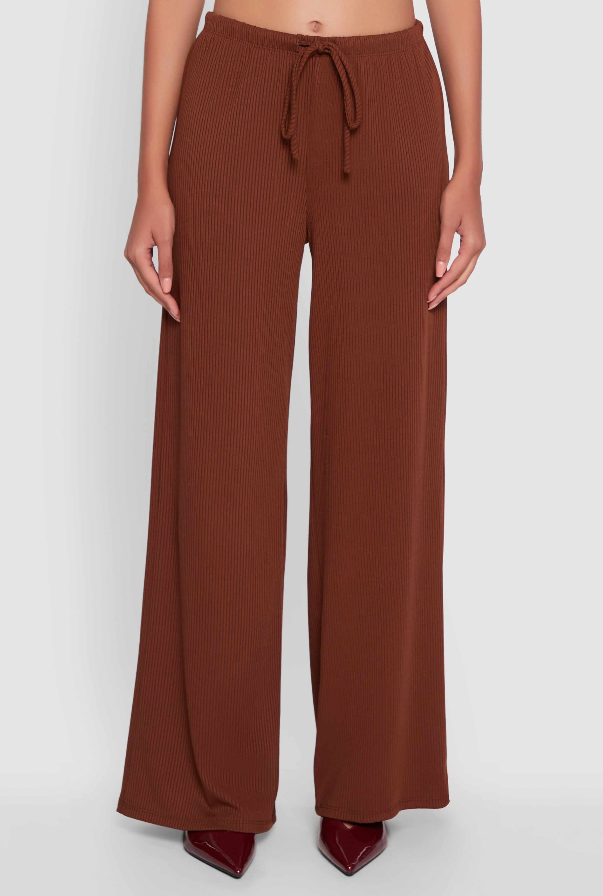 High Waisted Wide Leg Ribbed Knit Casual Pants