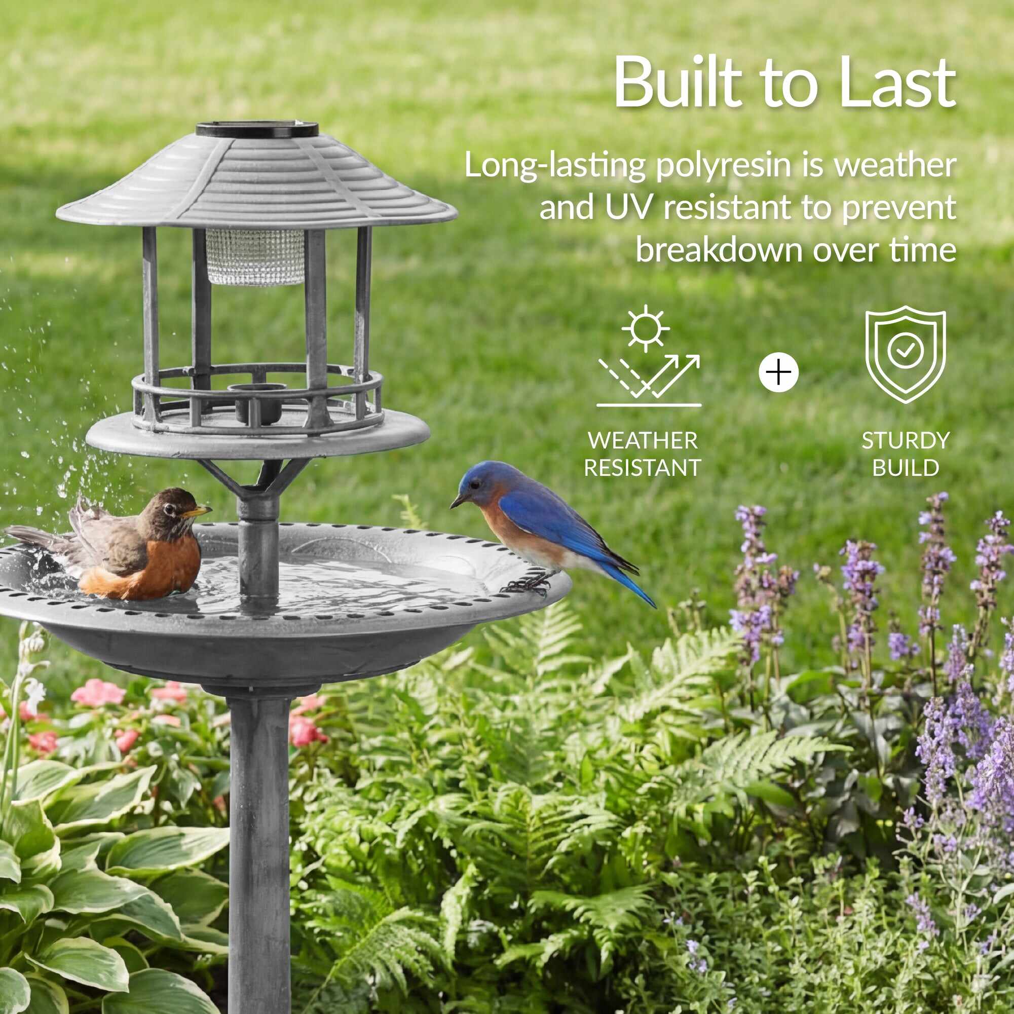 Solar Lighted Outdoor Pedestal Bird Bath w/ Planter, Decorative Bird Cage
