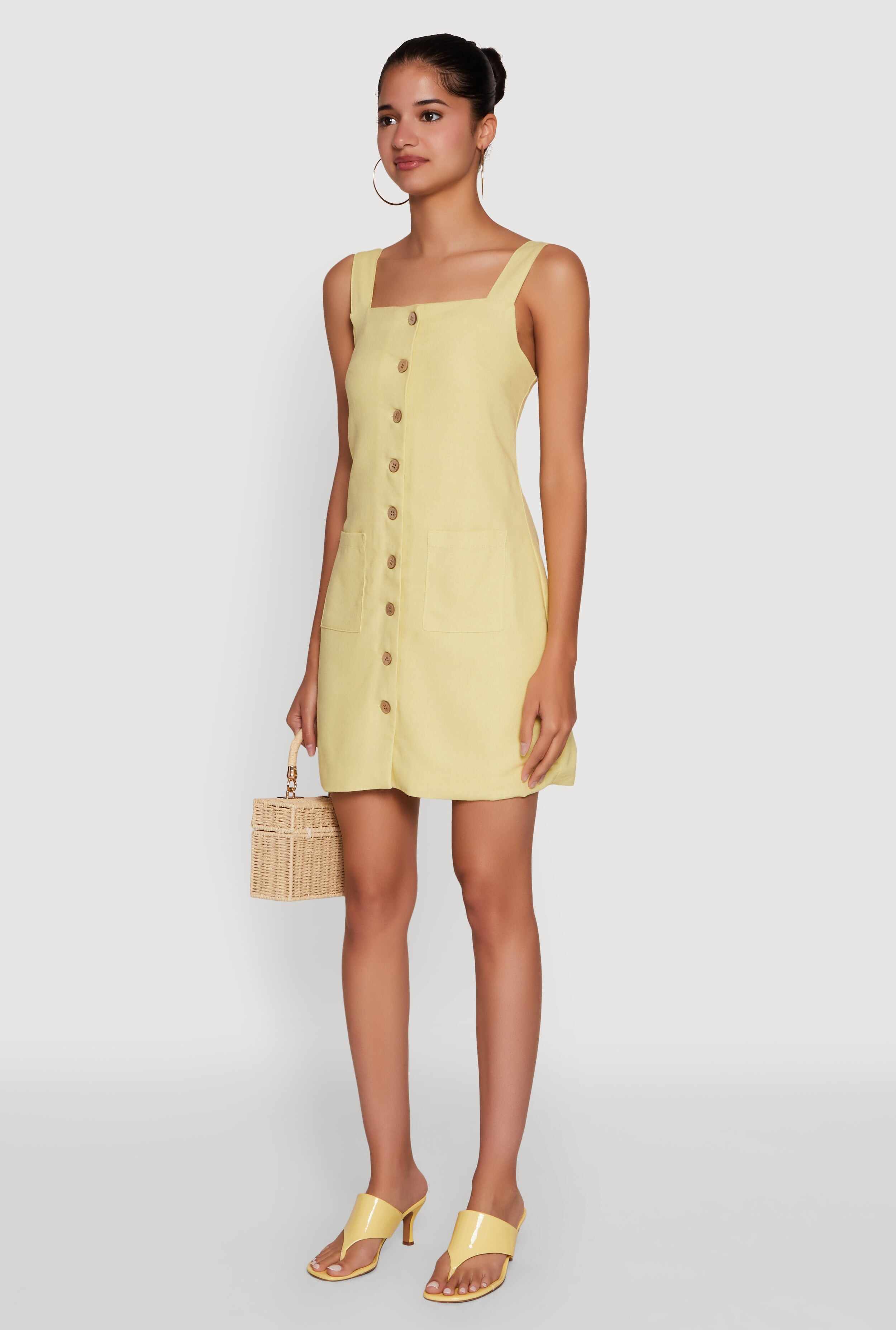 Trendy Linen Button Front Square Neck Dress