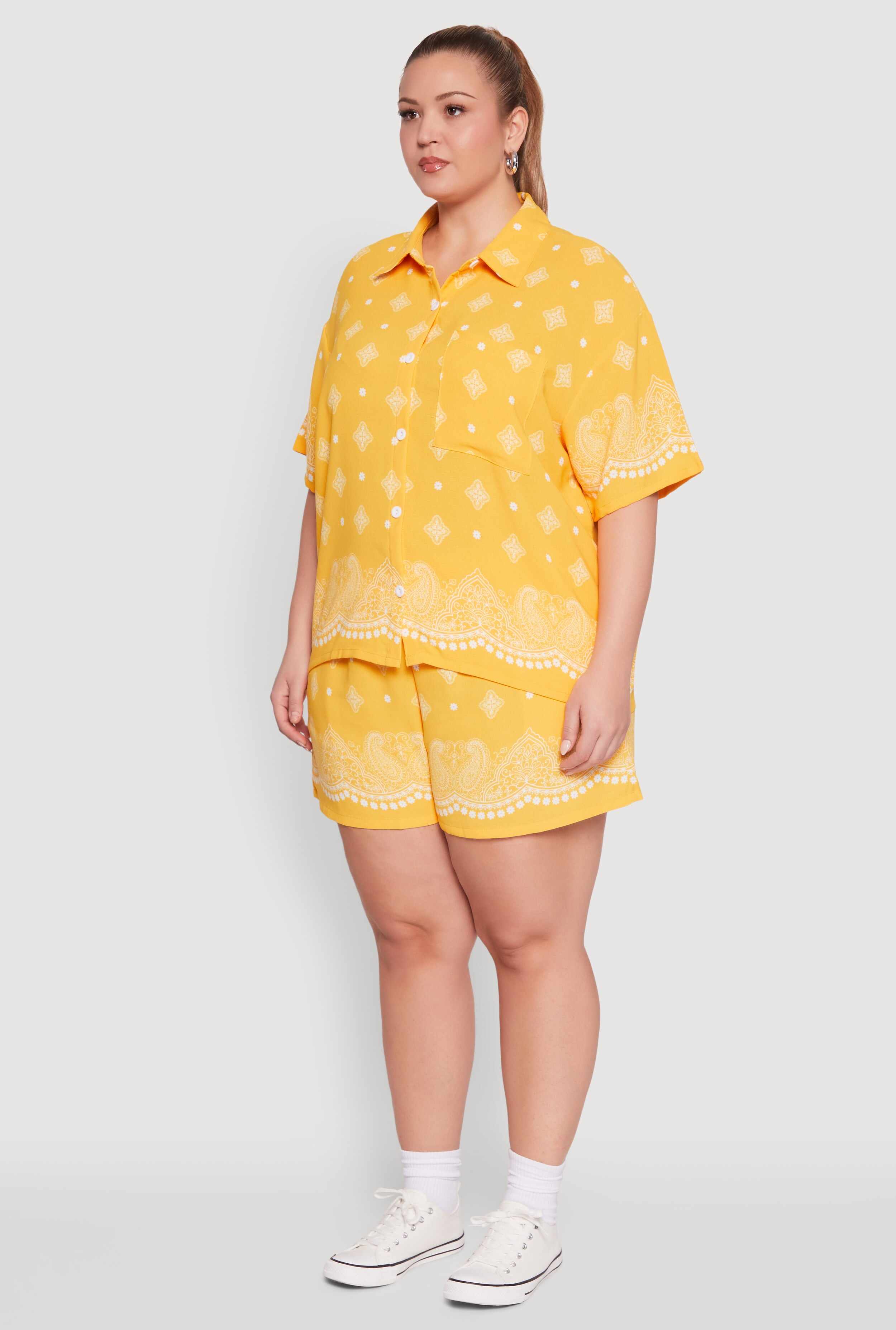 Plus Size Crepe Knit Bandana Print Oversized Shirt