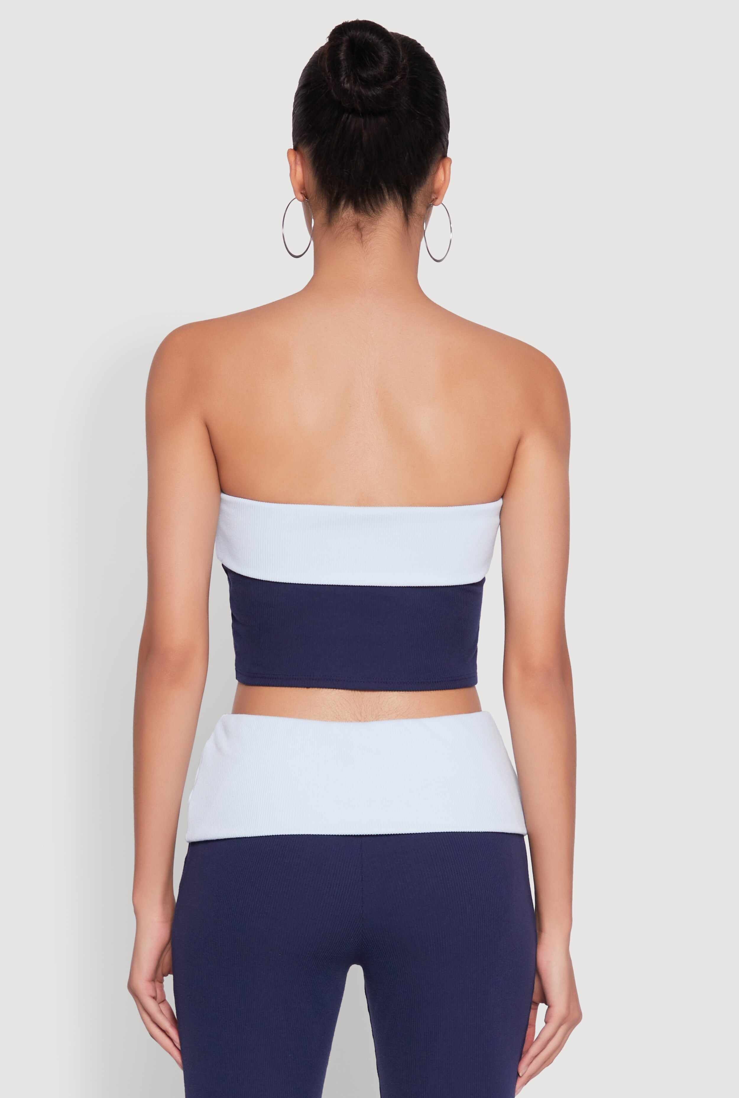 Stylish Rib Knit Contrast Fold Over Cropped Tube Top