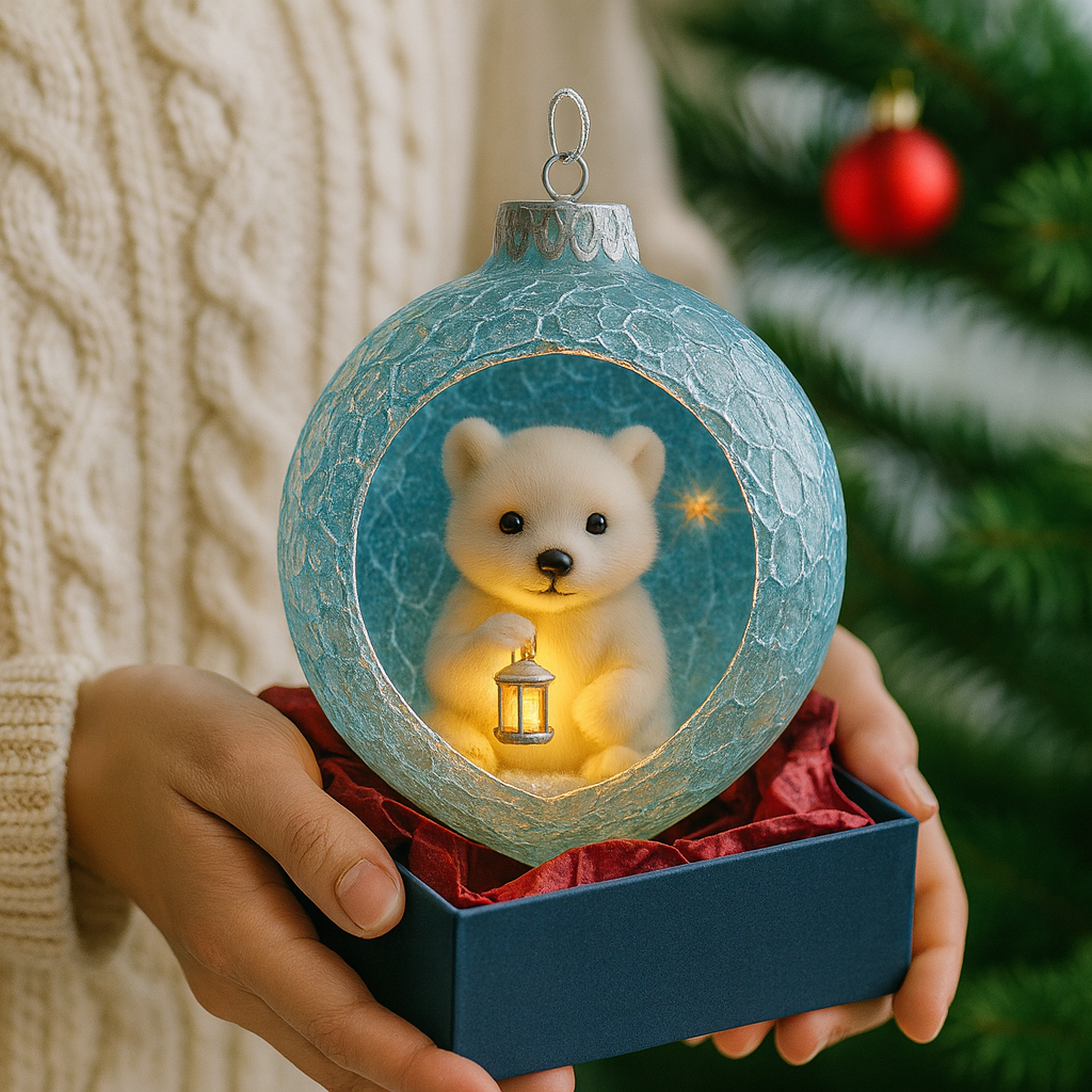 Ice-Cracked Glass Polar Bear Lantern Ornament