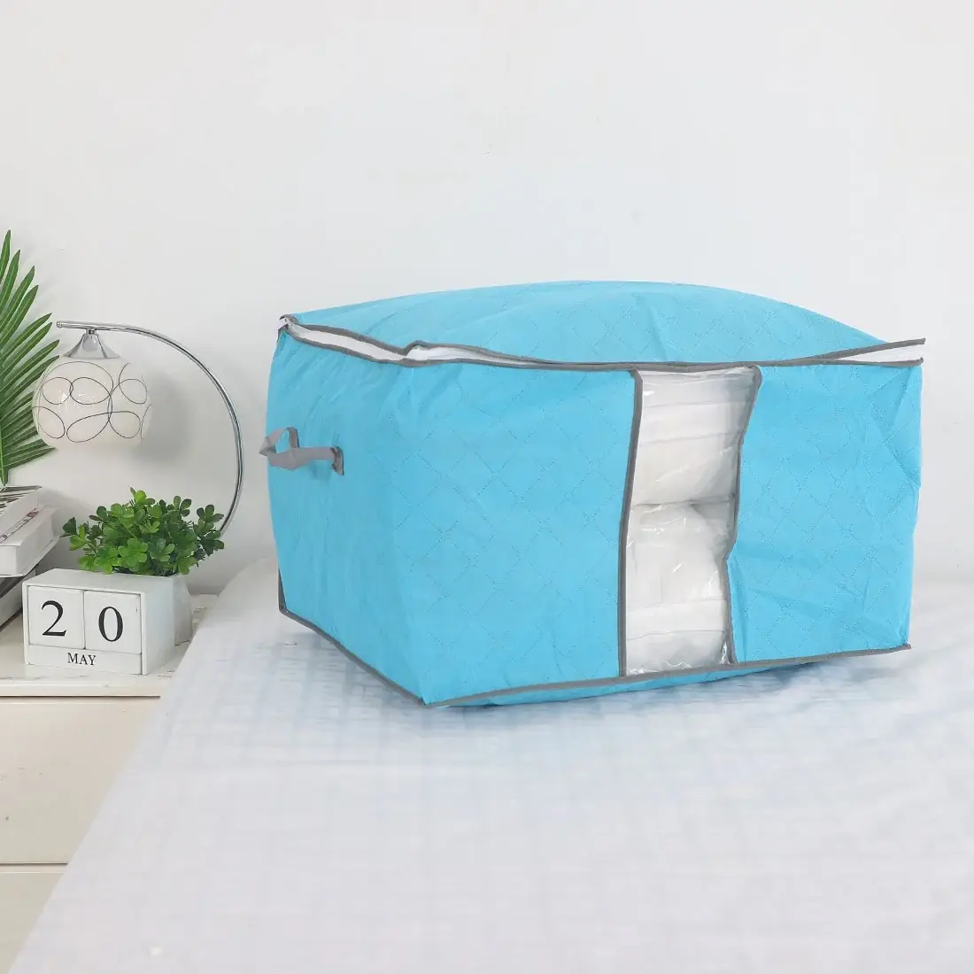 Home Foldable Zippered Dustproof Quilt Clothes Storage Bag Container Blue