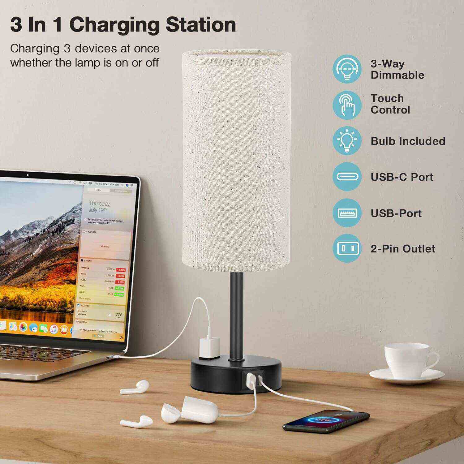 Bedside Table Lamp for Bedroom - 3 Way Dimmable Touch Lamp USB C Charging Ports and AC Outlet, Small Lamp Wood Base Round Flaxen Fabric Shade for Living Room, Desk, LED Bulb Included