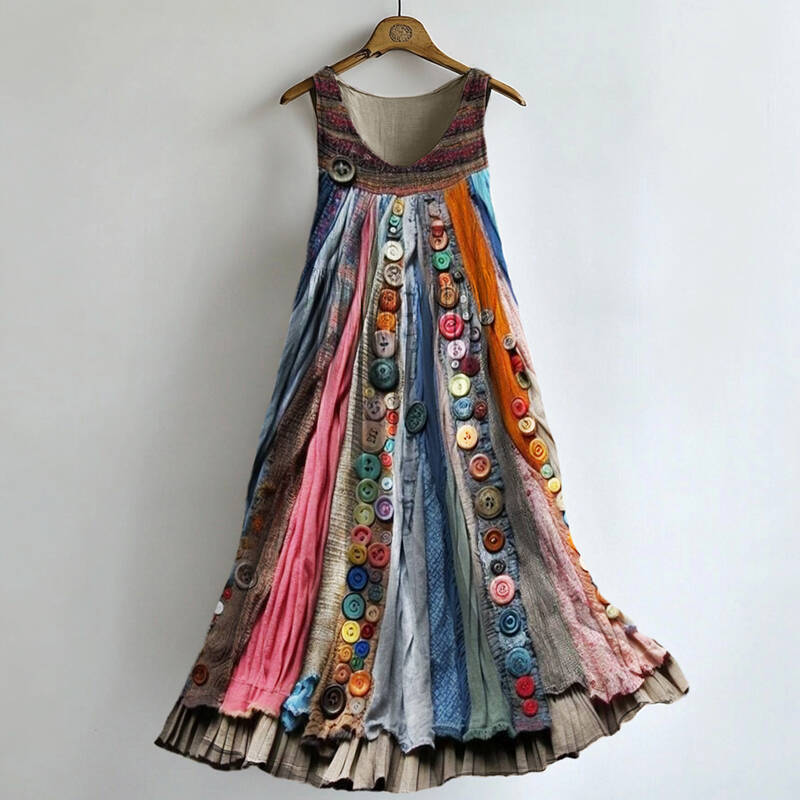 Boho Colorful Textile Flowy Linen Blend Tank Dress