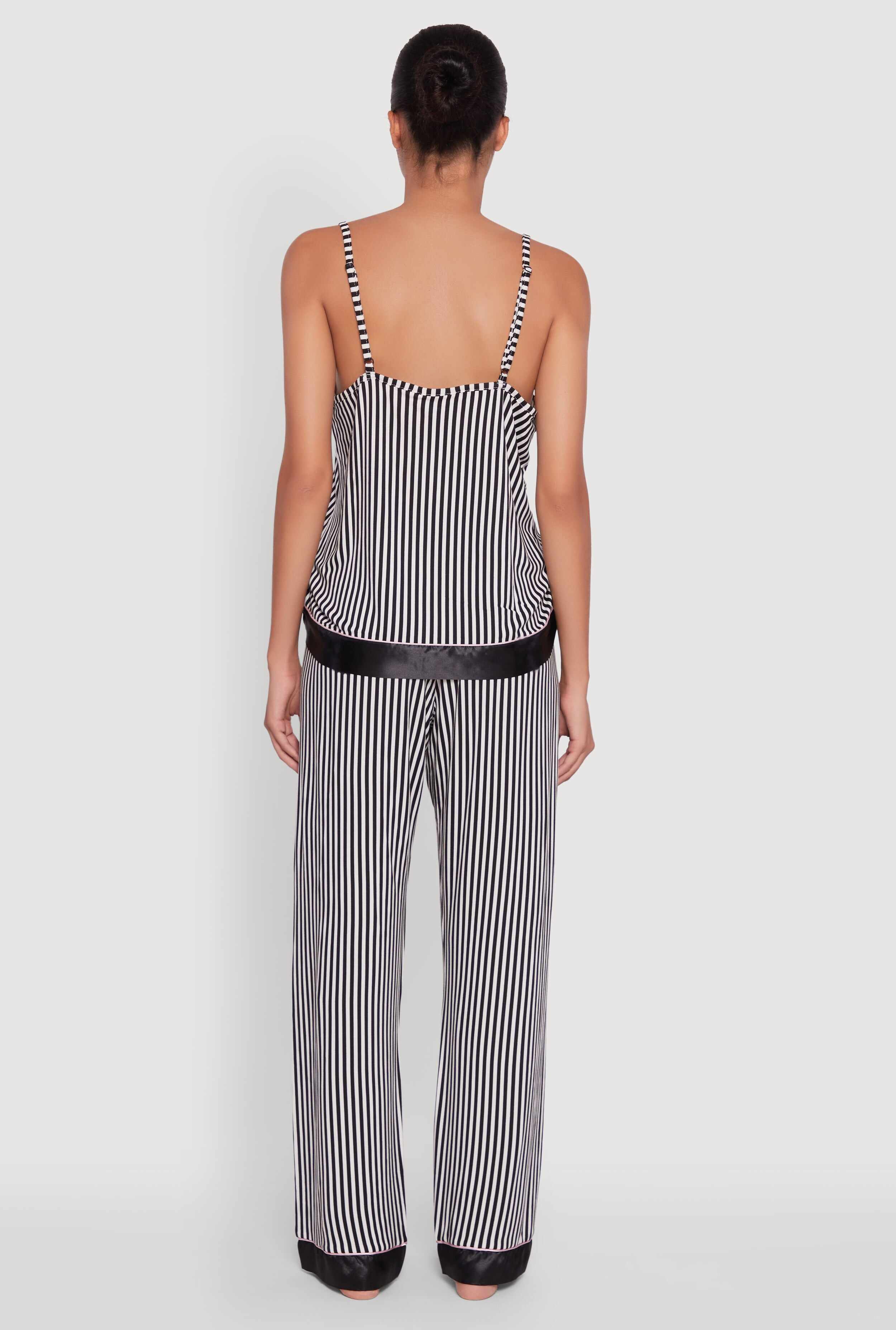 Striped Contrast Satin Trim Pajama Cami and Pants Set