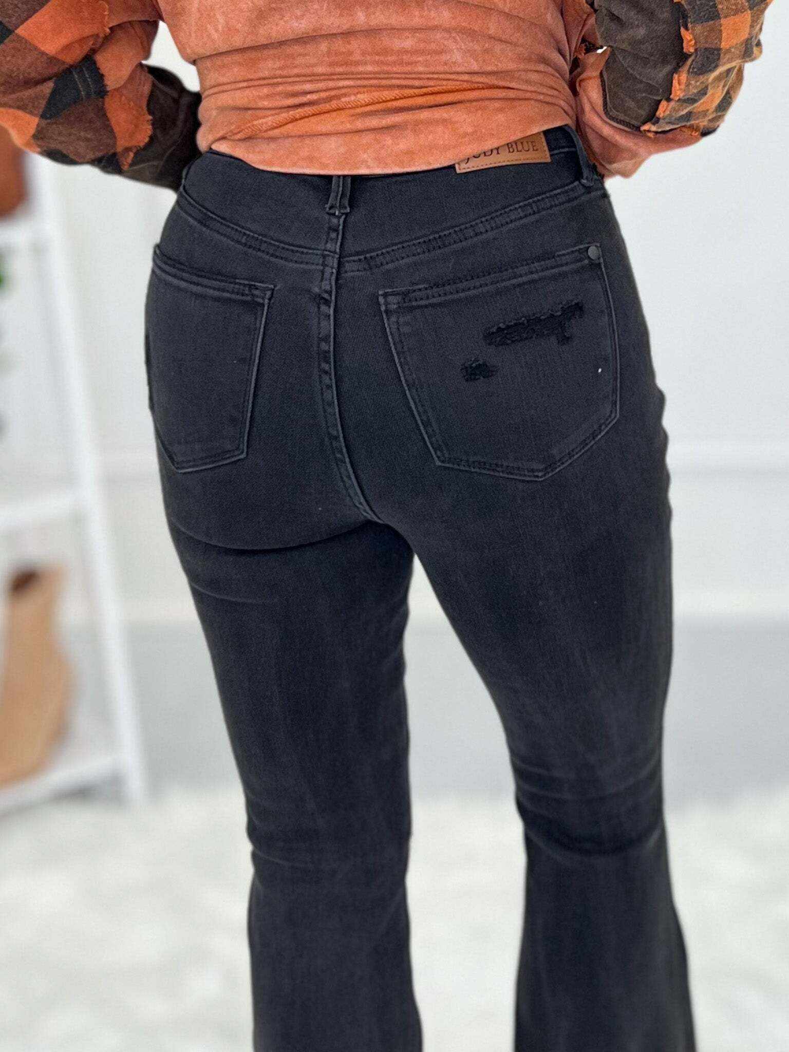 Christmas Tummy Control Destroyed Black Flare Jeans- Final Sale
